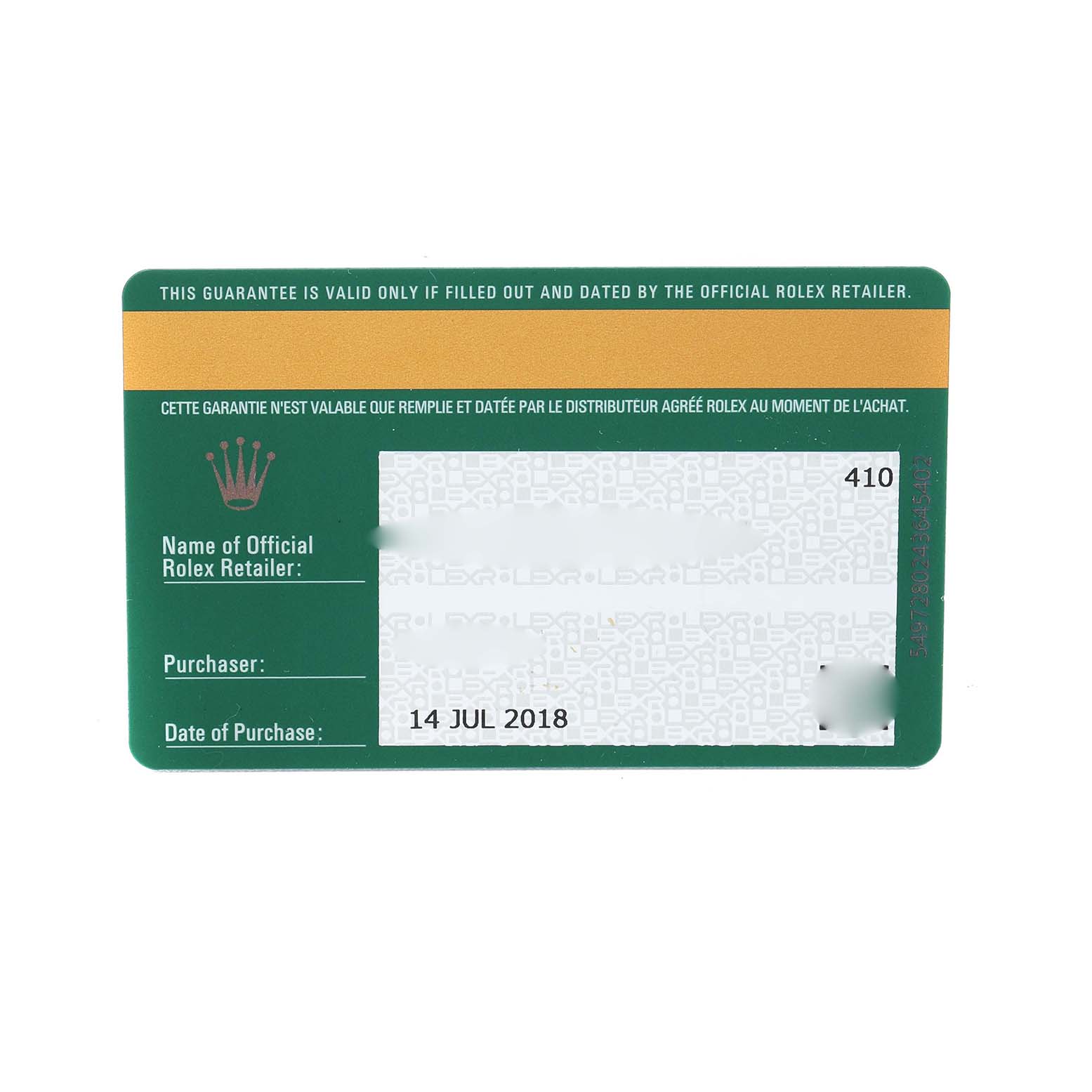 The image shows a warranty card for a Rolex Daytona 116500LN Men's Stainless Steel White Dial watch, displaying purchase information and retailer details.