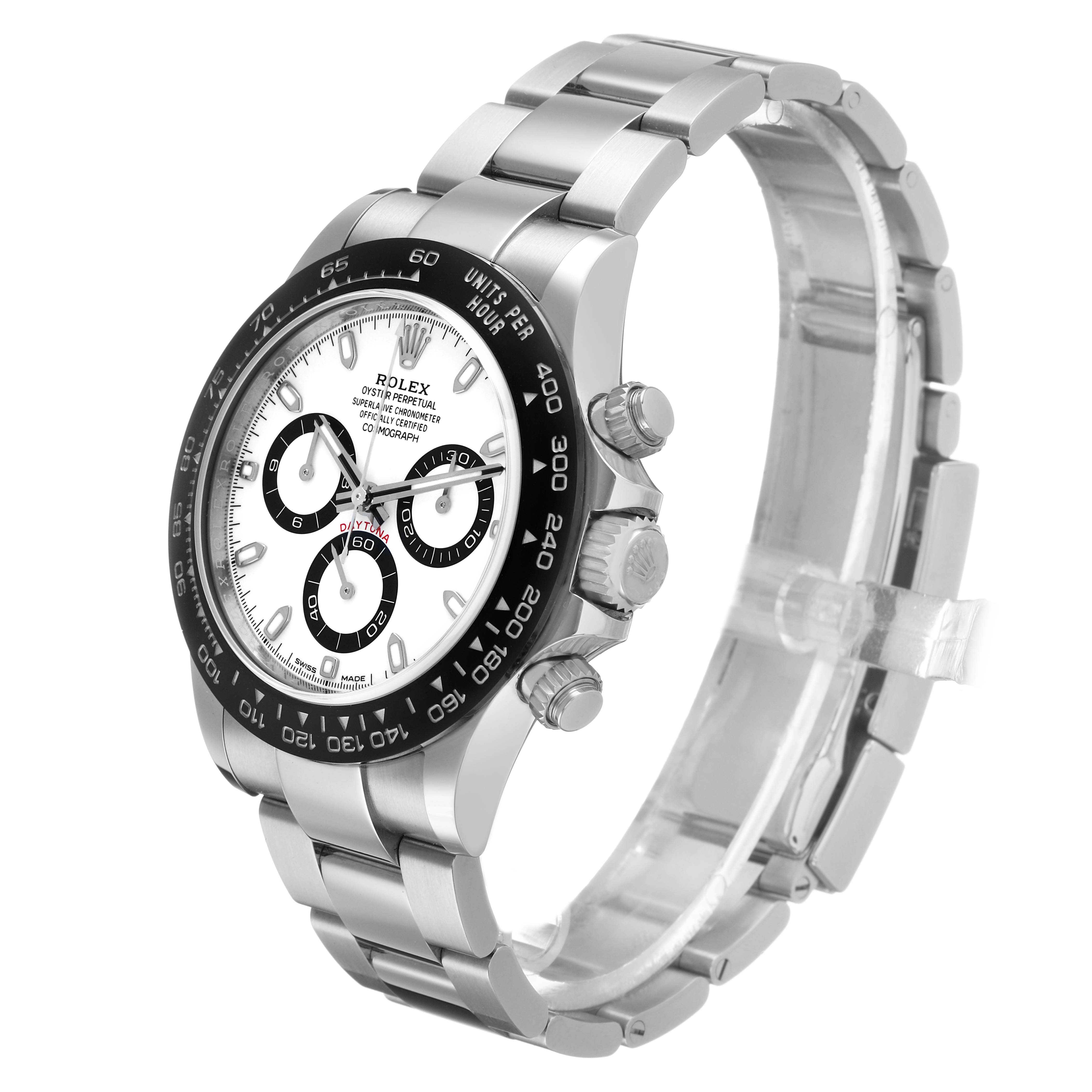 The Rolex Daytona 116500LN Men's Stainless Steel White Dial watch is shown from an angled side view, featuring the bezel, dial, pushers, crown, and bracelet.