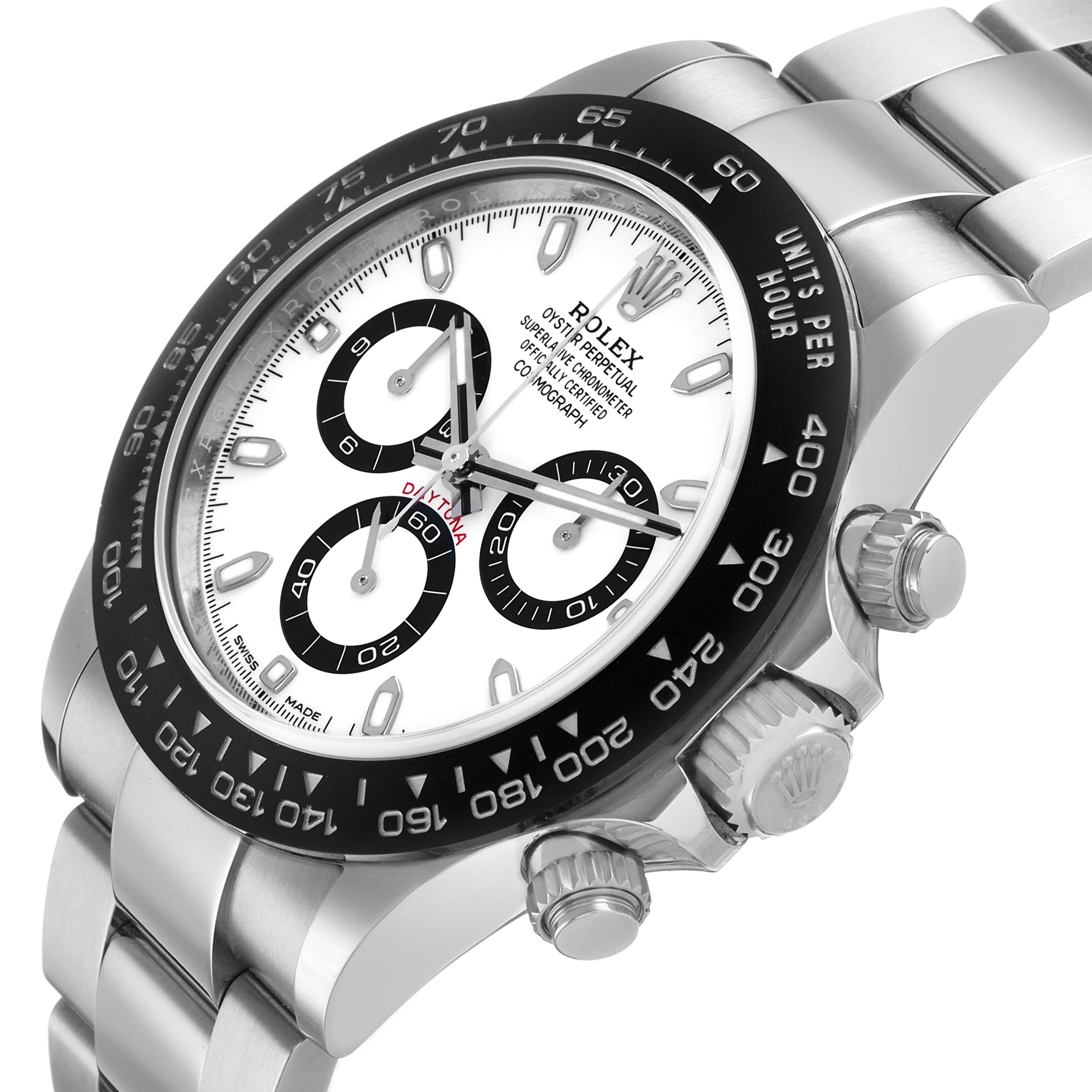 The Rolex Daytona 116500LN Men's Stainless Steel White Dial watch is shown at an angled side view, displaying the bezel, dial, pushers, and part of the bracelet.