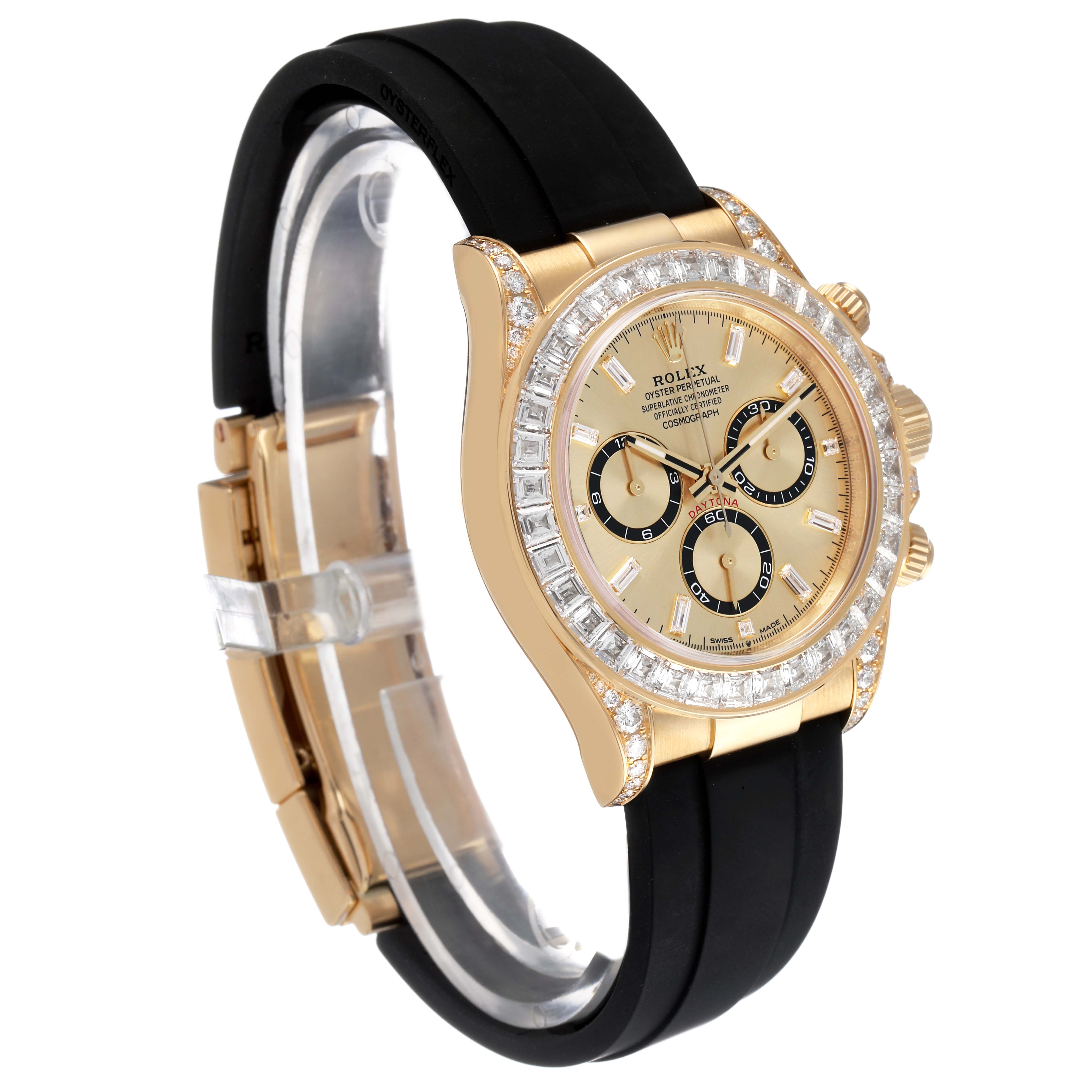 The image shows a Rolex Daytona 126538 Men's Yellow Gold Champagne Dial watch at a three-quarter angle, highlighting the face, bezel, pushers, and black strap.