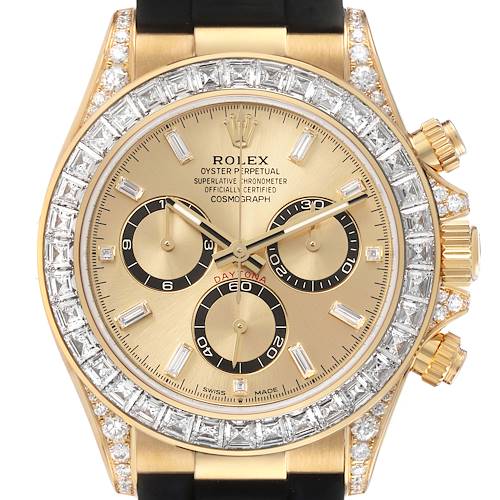 The Rolex Daytona 126538 Men's Yellow Gold Champagne Dial watch is shown from a front angle, highlighting the bezel with diamond accents, gold dial, and subdials.
