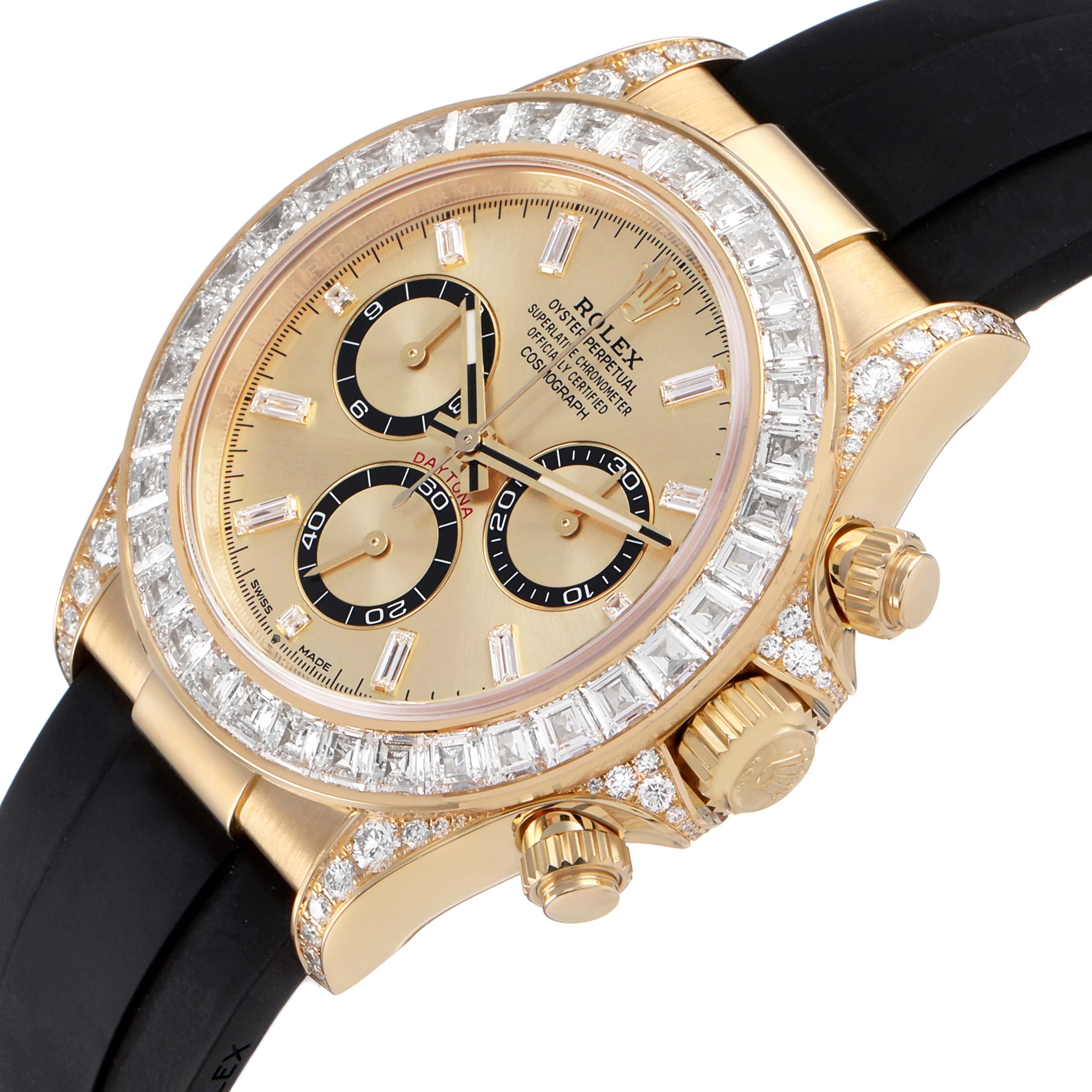 The Rolex Daytona 126538 Men's Yellow Gold Champagne Dial watch is shown at an angle highlighting its diamond-set bezel, black sub-dials, and gold case with side pushers.