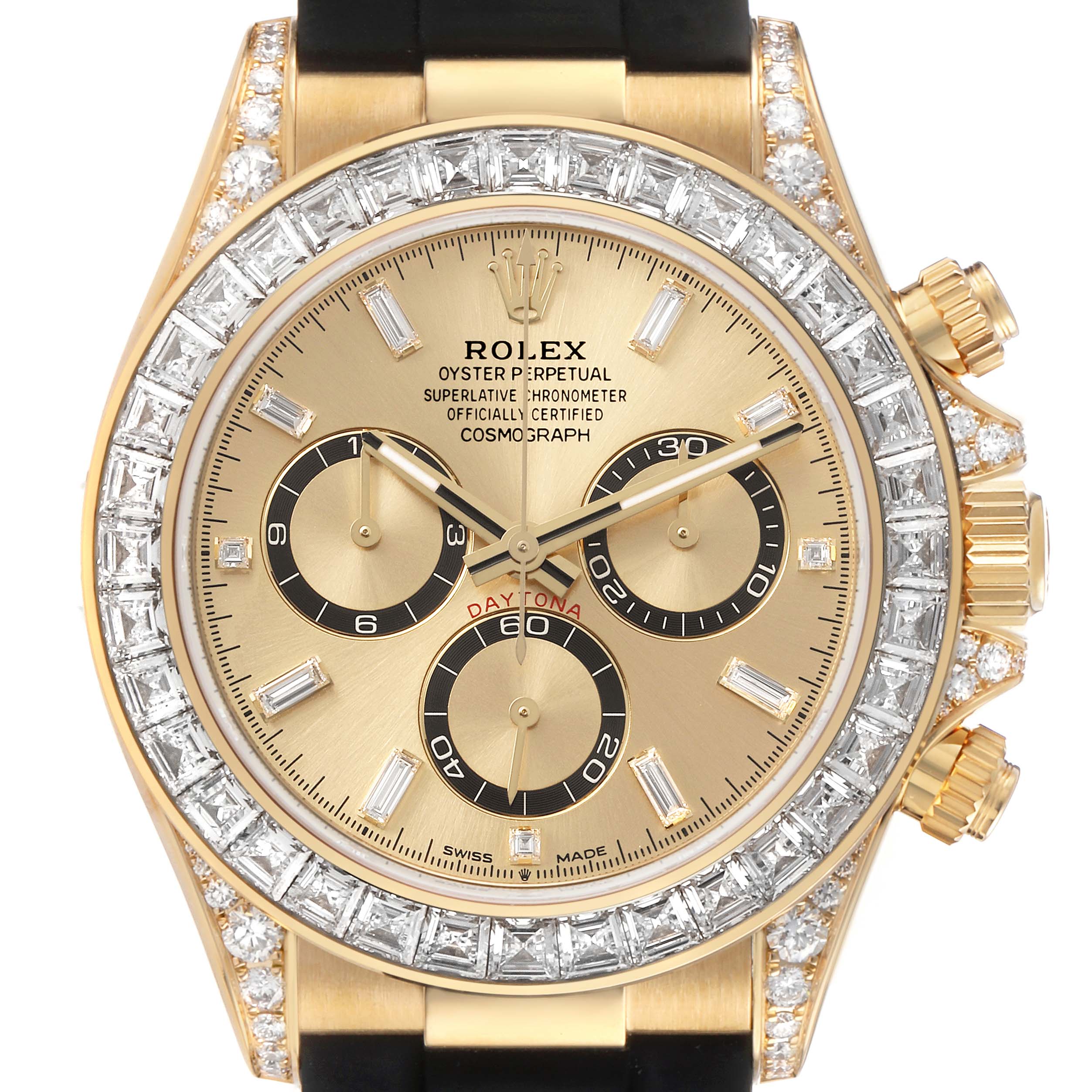 The Rolex Daytona 126538 Men's Yellow Gold Champagne Dial watch is shown from a front angle, highlighting the gold dial, black subdials, and diamond-encrusted bezel.
