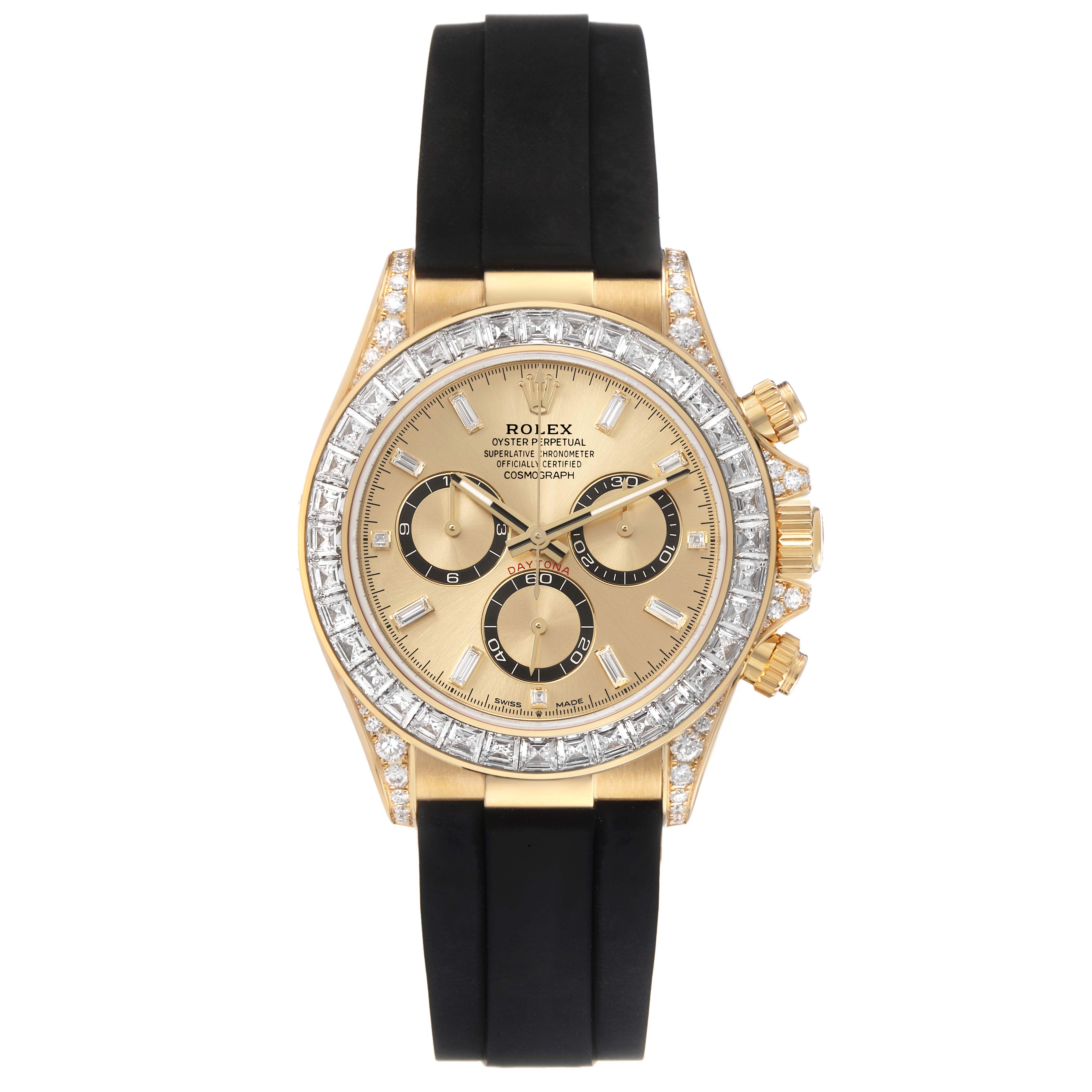 The Rolex Daytona 126538 Men's Yellow Gold Champagne Dial watch is shown from a top-down angle, displaying the face, bezel, case, crown, and strap.