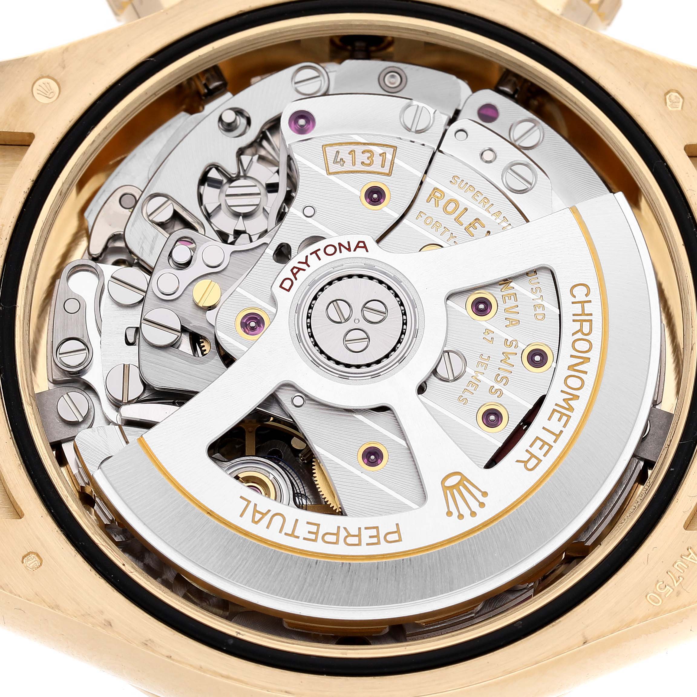 The image shows the movement mechanism of a Rolex Daytona 126538 Men's Yellow Gold Champagne Dial, highlighting the rotor and gears from a top-down angle.