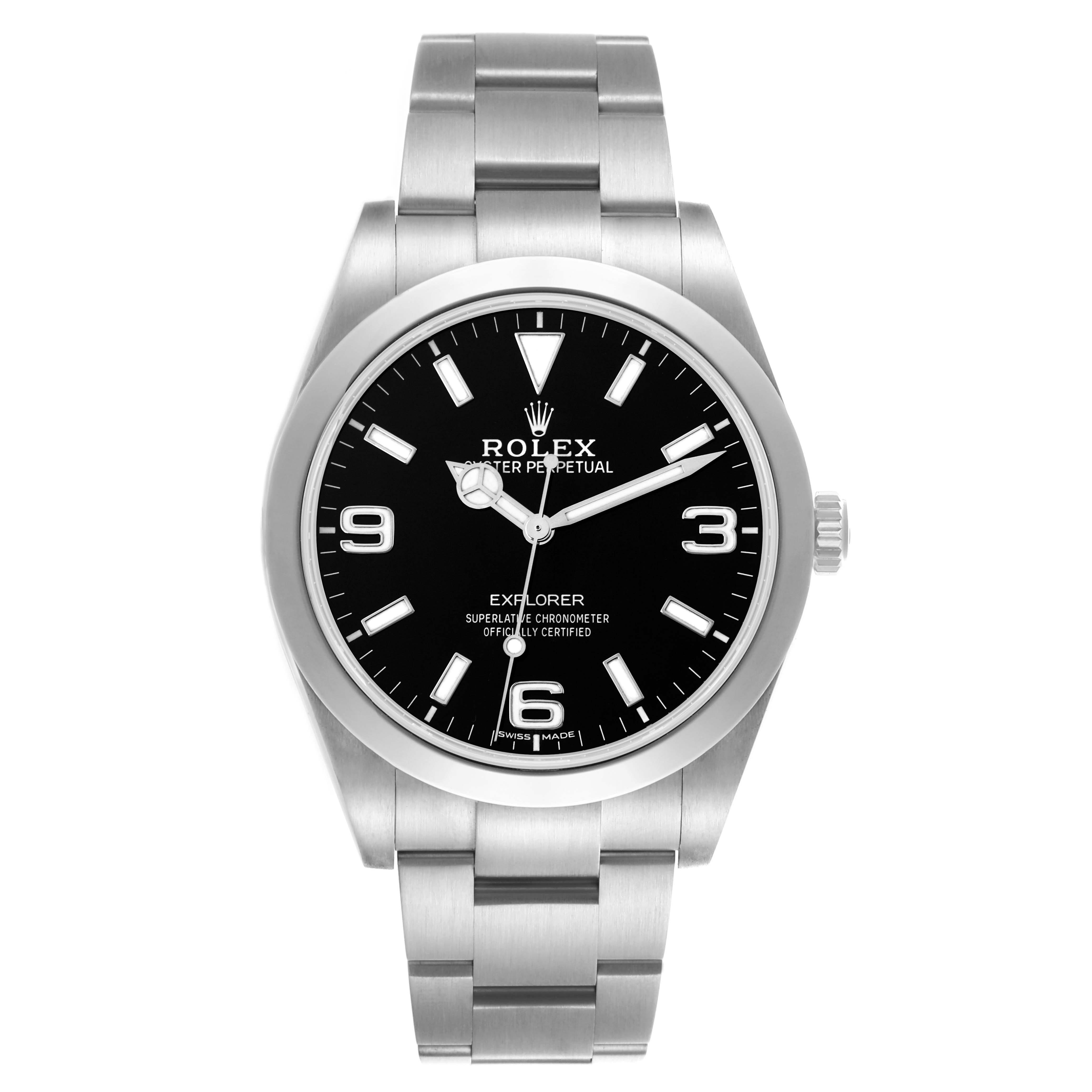 The Rolex Explorer 214270 Men
s Stainless Steel Black Dial 214270 Men
s Stainless Steel Black Dial watch is shown from the front, displaying the full dial, bezel, bracelet, and crown.