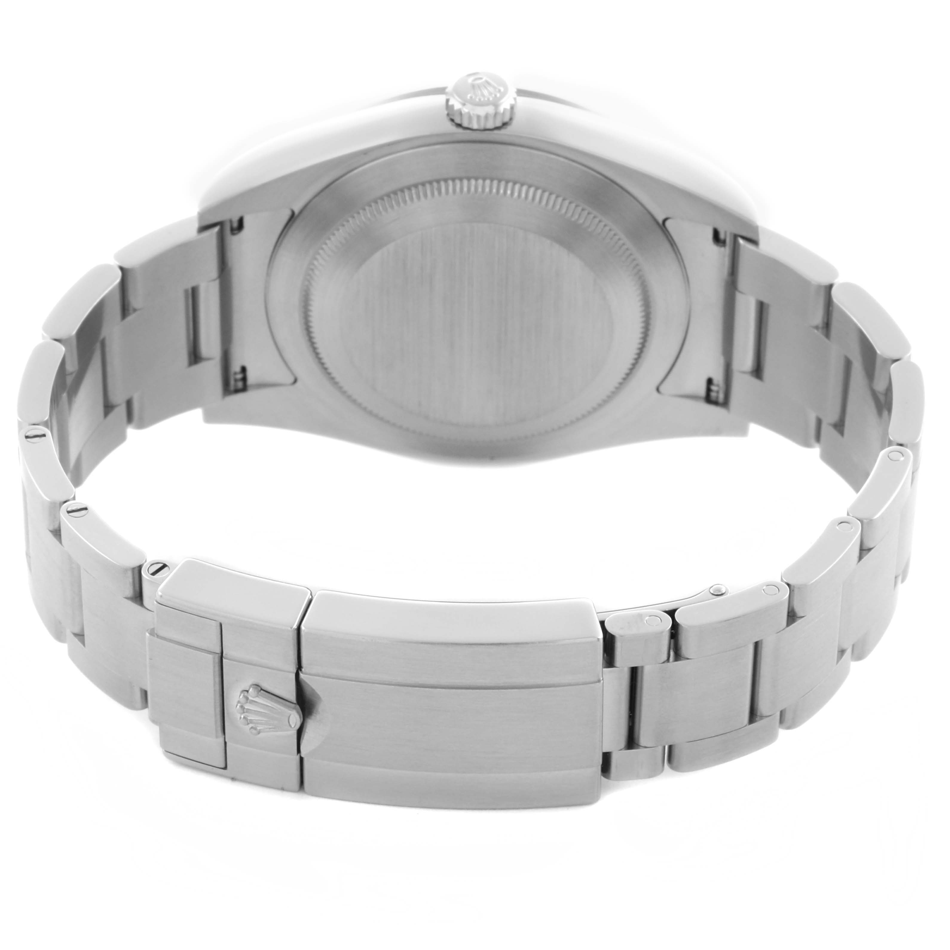 The image shows the back of a Rolex Explorer 214270 Men
s Stainless Steel Black Dial 214270 Men
s Stainless Steel Black Dial watch, featuring the bracelet and clasp with the Rolex logo.