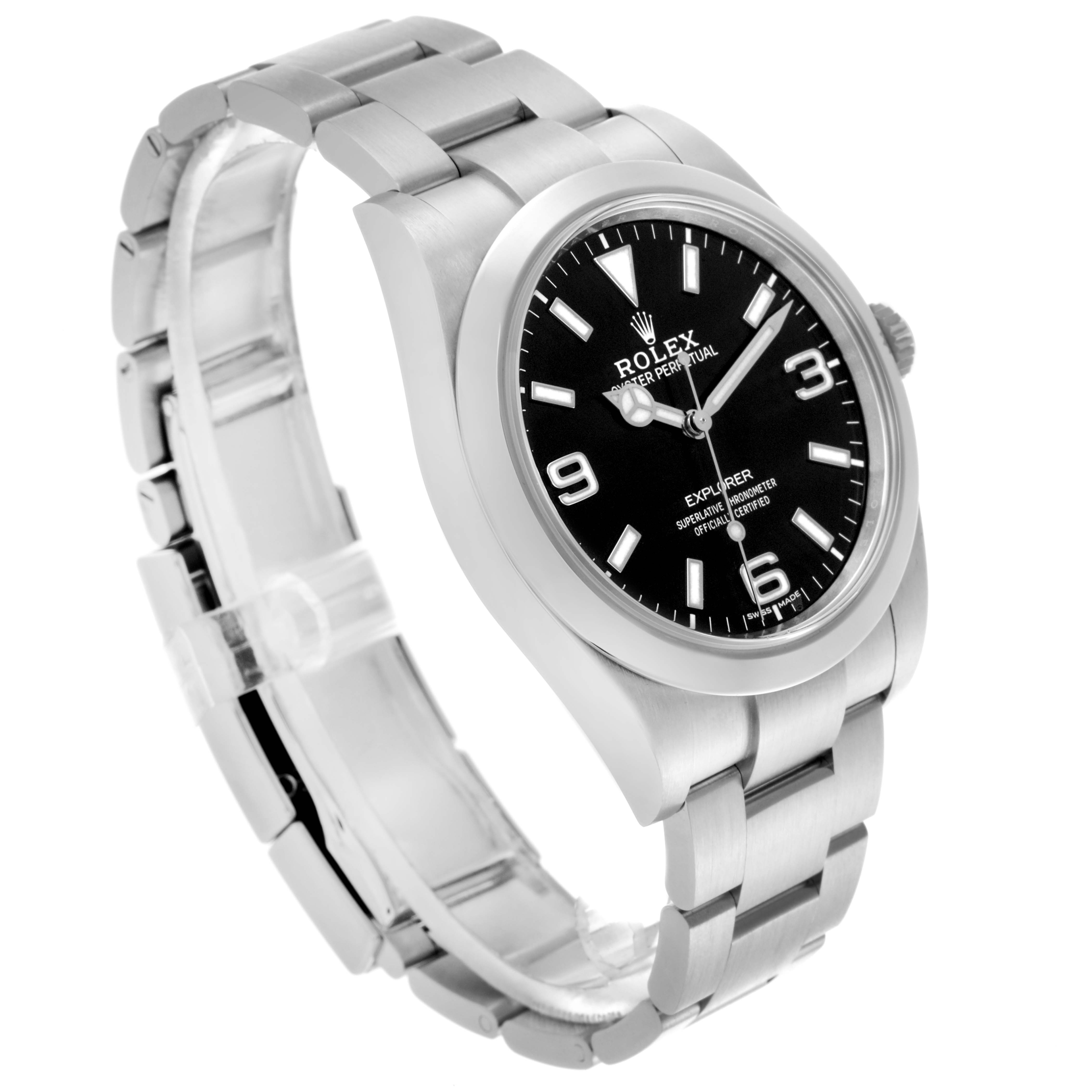The Rolex Explorer 214270 Men
s Stainless Steel Black Dial 214270 Men
s Stainless Steel Black Dial watch is shown at a slight angle highlighting the black dial, bezel, and part of the bracelet.