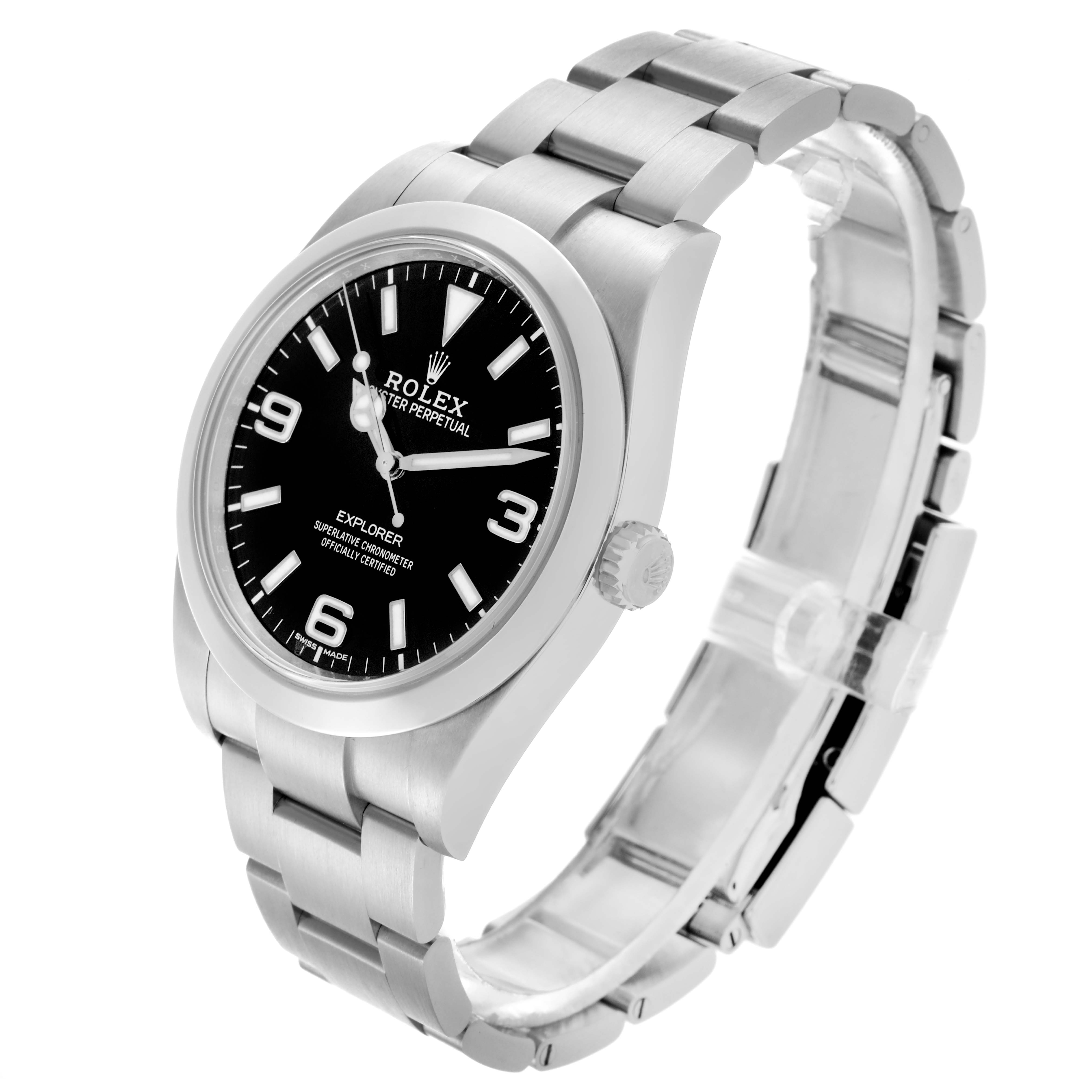 The Rolex Explorer 214270 Men
s Stainless Steel Black Dial 214270 Men
s Stainless Steel Black Dial watch is shown at a slight angle, highlighting the face, case, and bracelet.
