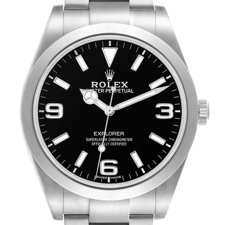 The Rolex Explorer watch is shown from the front, displaying the dial, hands, bezel, and part of the bracelet.