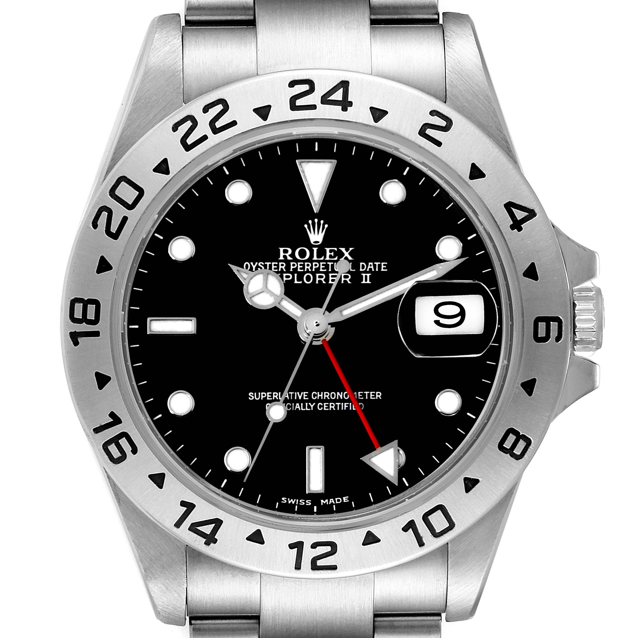 The image shows the front view of the Rolex Explorer 16570T Men's Stainless Steel Black Dial 16570T Men's Stainless Steel Black Dial watch, highlighting the dial, bezel, hands, and bracelet attachment.