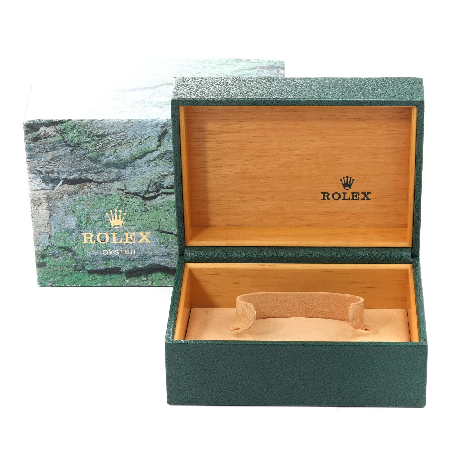 The image shows an open Rolex Explorer 16570T Men's Stainless Steel Black Dial 16570T Men's Stainless Steel Black Dial watch box with a branded outer box in green and an inner wooden compartment.