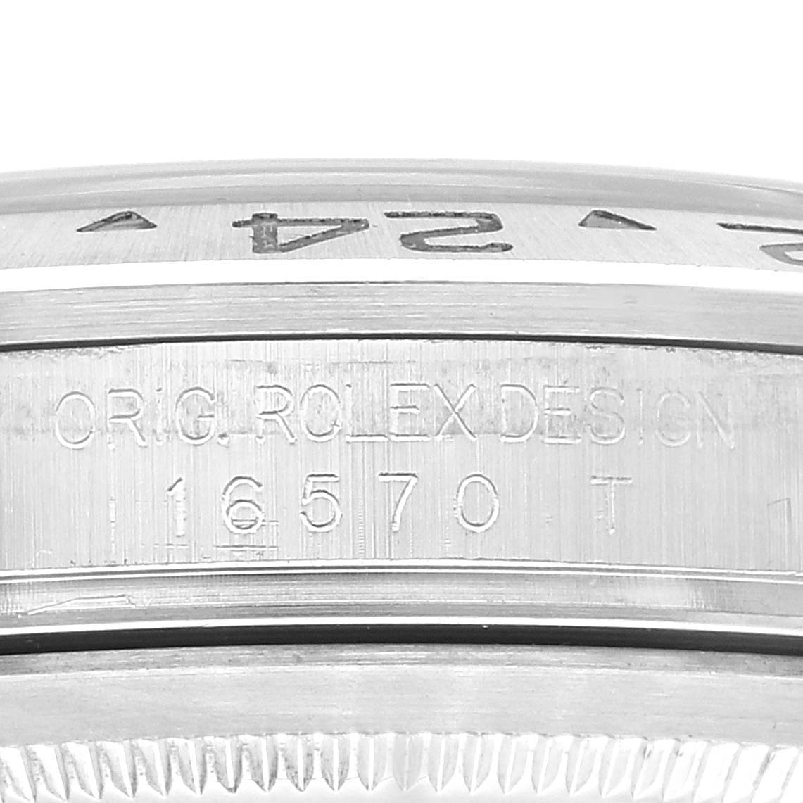 The image shows a close-up of the case side and bezel of a Rolex Explorer 16570T Men's Stainless Steel Black Dial 16570T Men's Stainless Steel Black Dial watch, model number 16570.