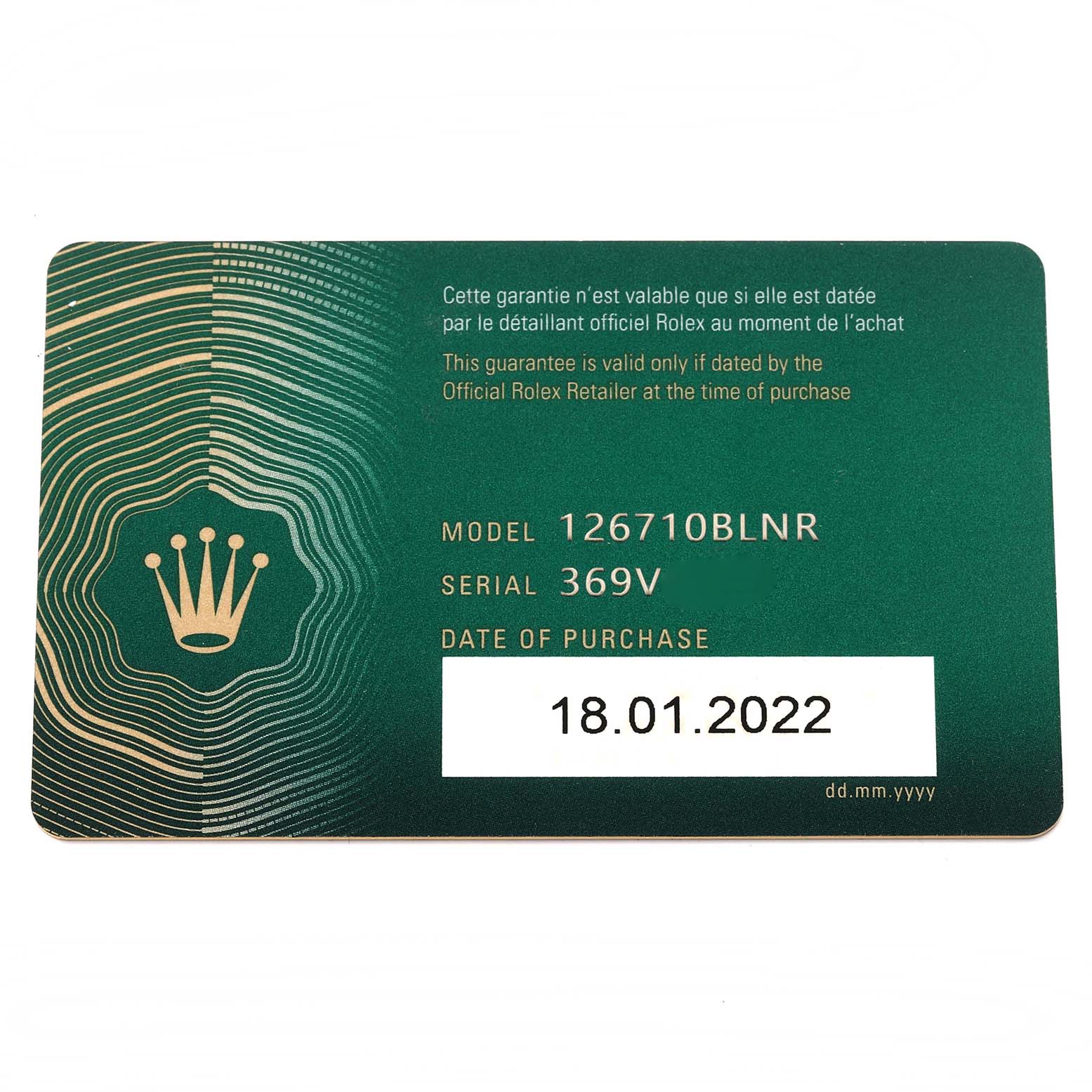 The image shows a warranty card for a Rolex GMT-Master 126710BLNR Men
s Stainless Steel Black Dial 126710BLNR Men
s Stainless Steel Black Dial model 126710BLNR, detailing its serial number and purchase date.