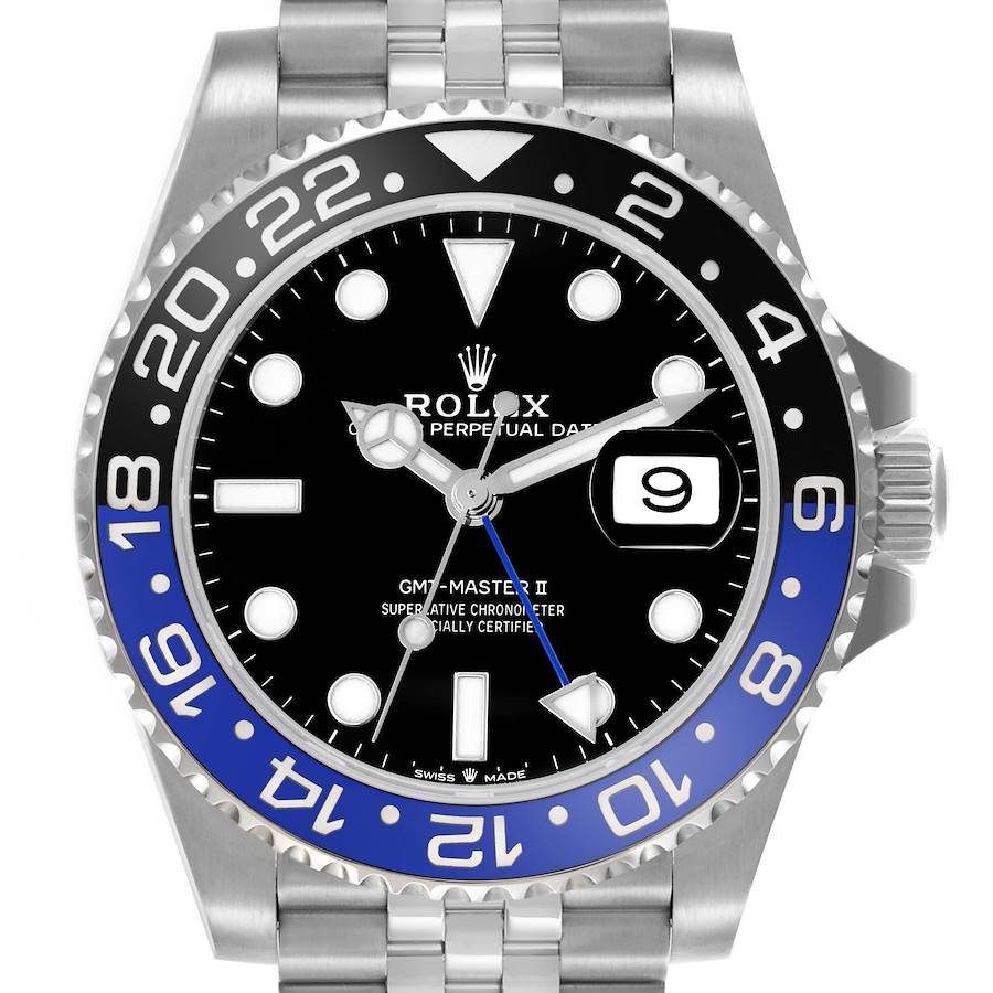 The image shows a front view of the Rolex GMT-Master II watch, highlighting the bezel, dial, and date display.