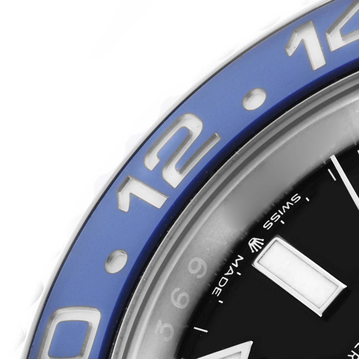 The image shows a close-up of the bezel and dial edge of a Rolex GMT-Master 126710BLNR Men
s Stainless Steel Black Dial 126710BLNR Men
s Stainless Steel Black Dial, highlighting the blue section and hour markers.