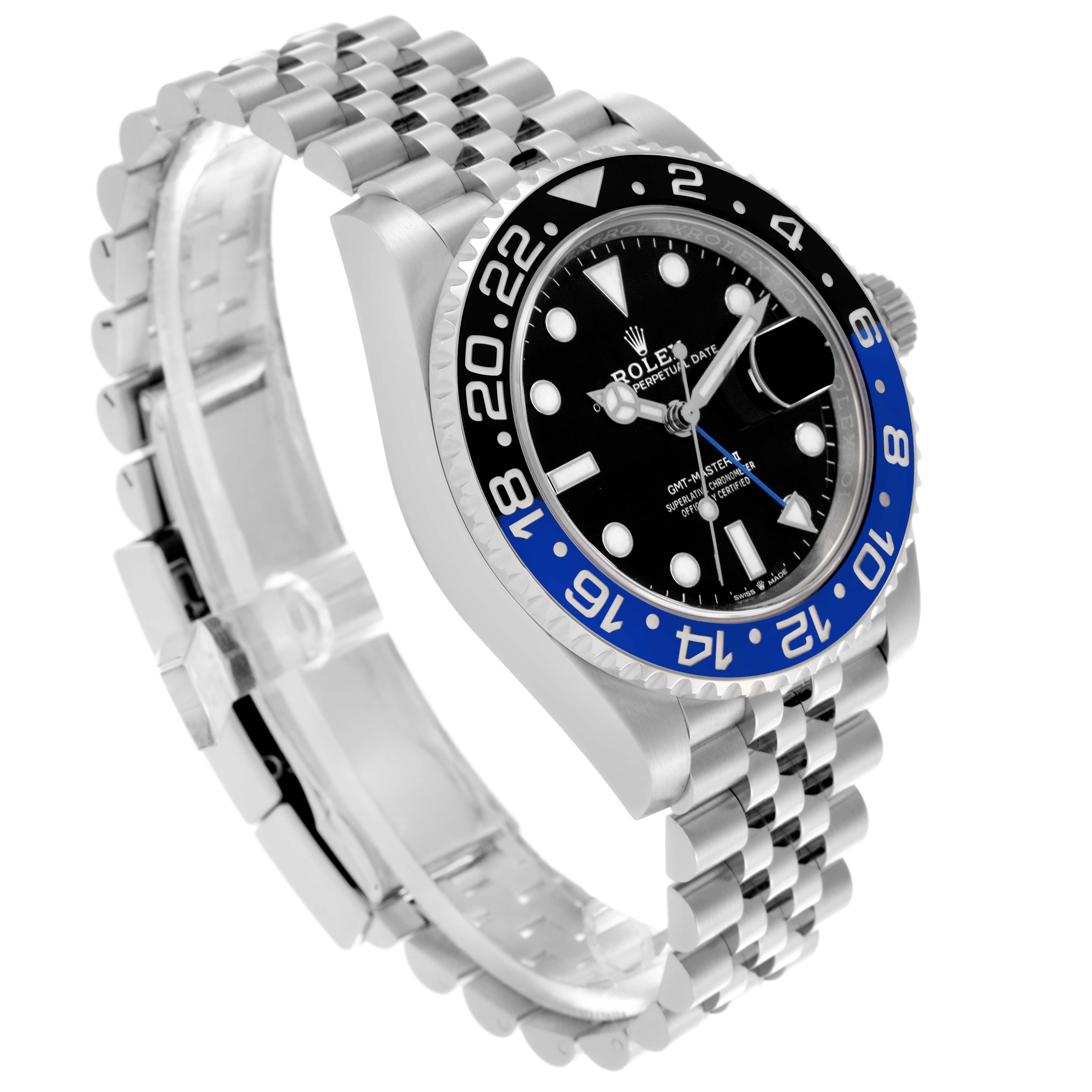The Rolex GMT-Master 126710BLNR Men
s Stainless Steel Black Dial 126710BLNR Men
s Stainless Steel Black Dial watch is shown at a slight angled view, highlighting the bezel, dial, and metal bracelet.