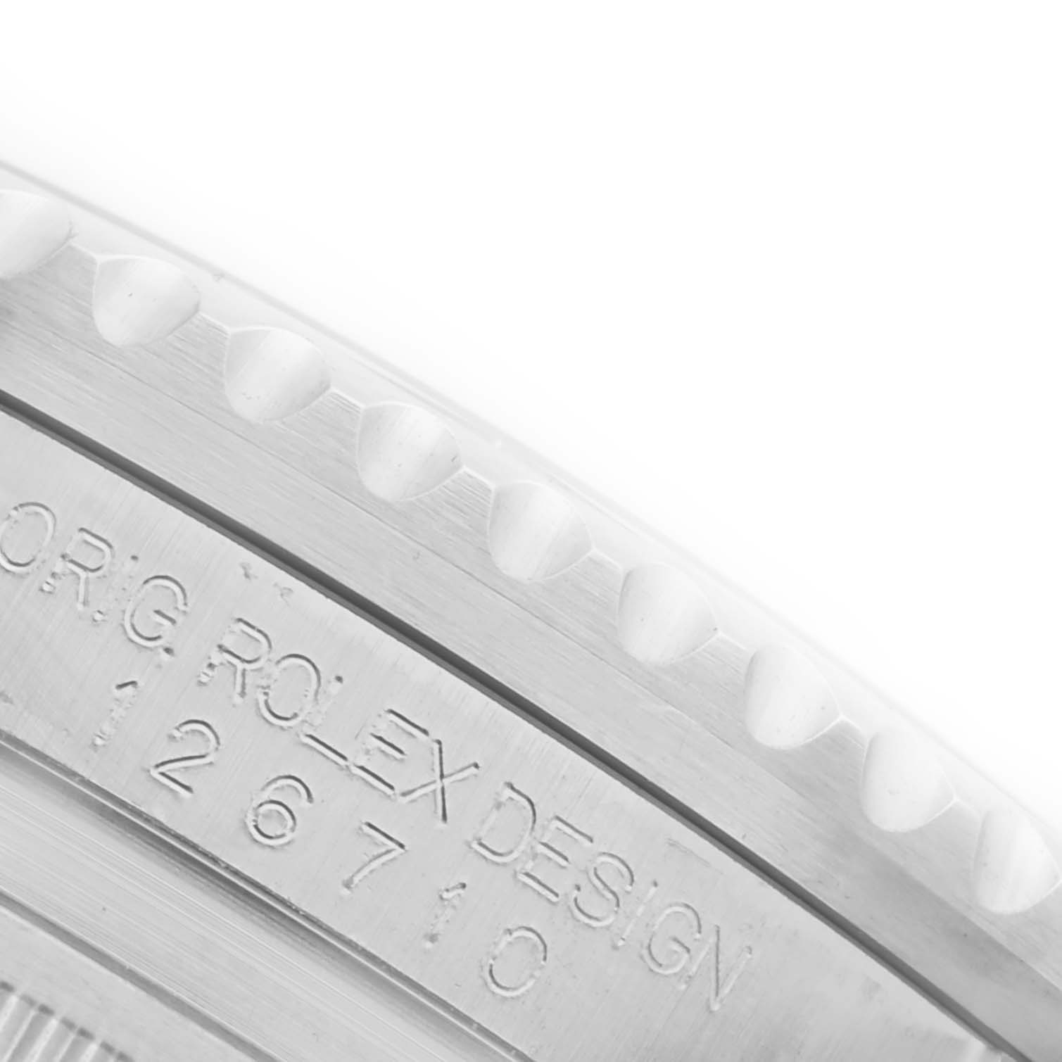The image shows a close-up of the case side and engraved details of a Rolex GMT-Master 126710BLNR Men
s Stainless Steel Black Dial 126710BLNR Men
s Stainless Steel Black Dial, highlighting the model number "126710."