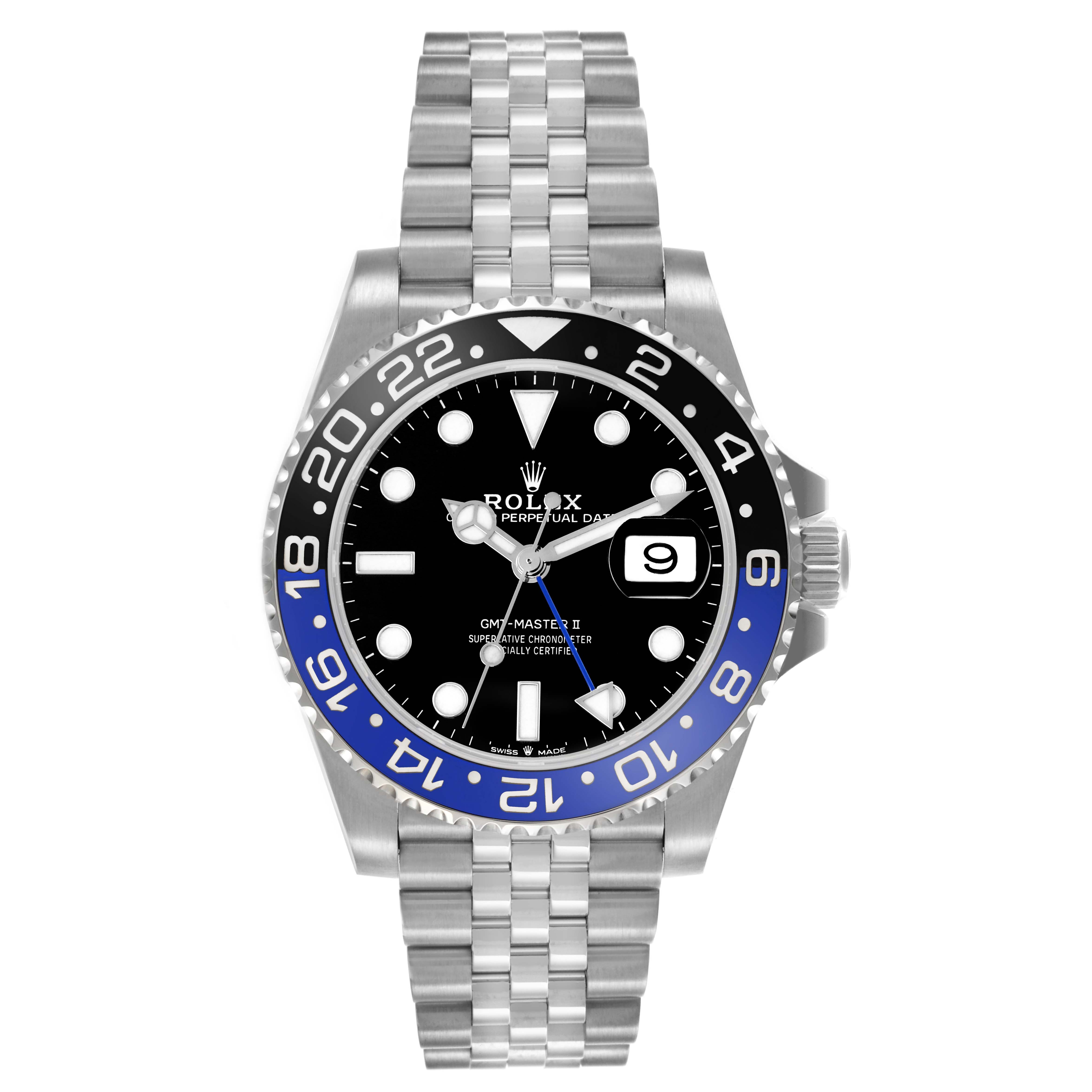 The Rolex GMT-Master 126710BLNR Men
s Stainless Steel Black Dial 126710BLNR Men
s Stainless Steel Black Dial watch is shown from a front angle, displaying the bezel, dial, hands, and bracelet.