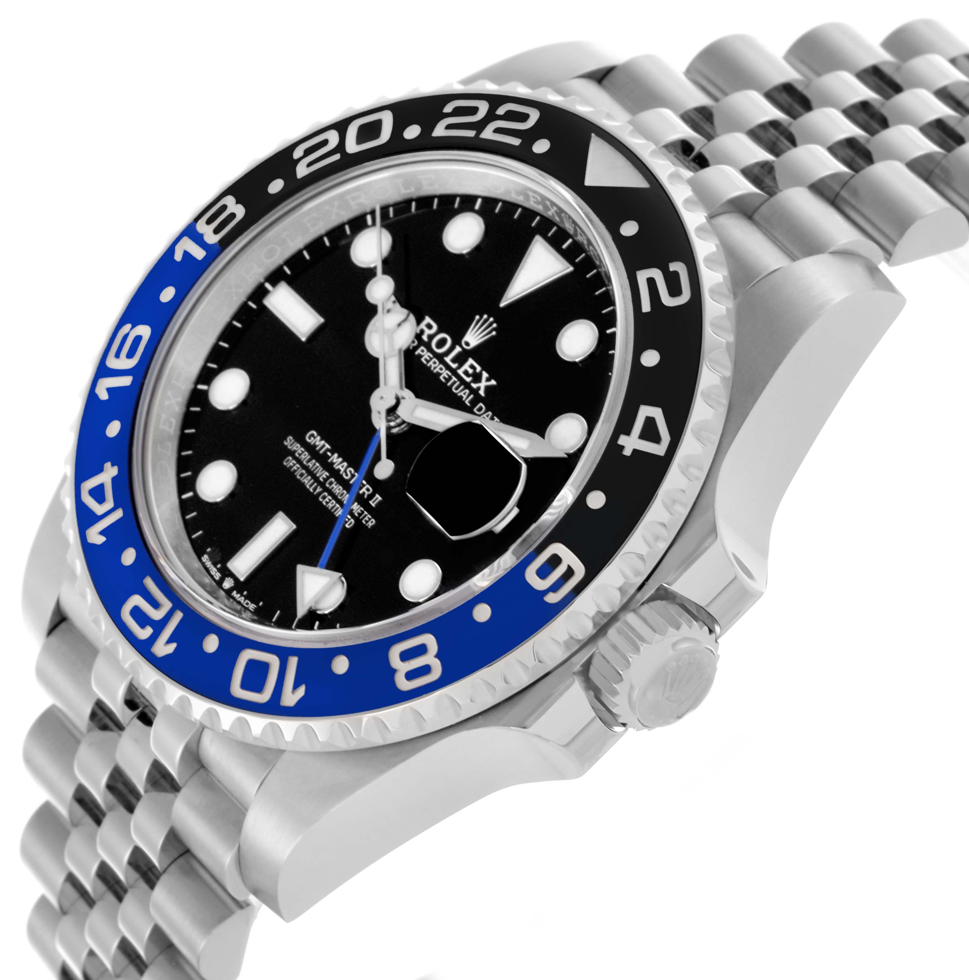 This image shows a side angle of the Rolex GMT-Master 126710BLNR Men
s Stainless Steel Black Dial 126710BLNR Men
s Stainless Steel Black Dial II, highlighting the bezel, dial, crown, and bracelet.