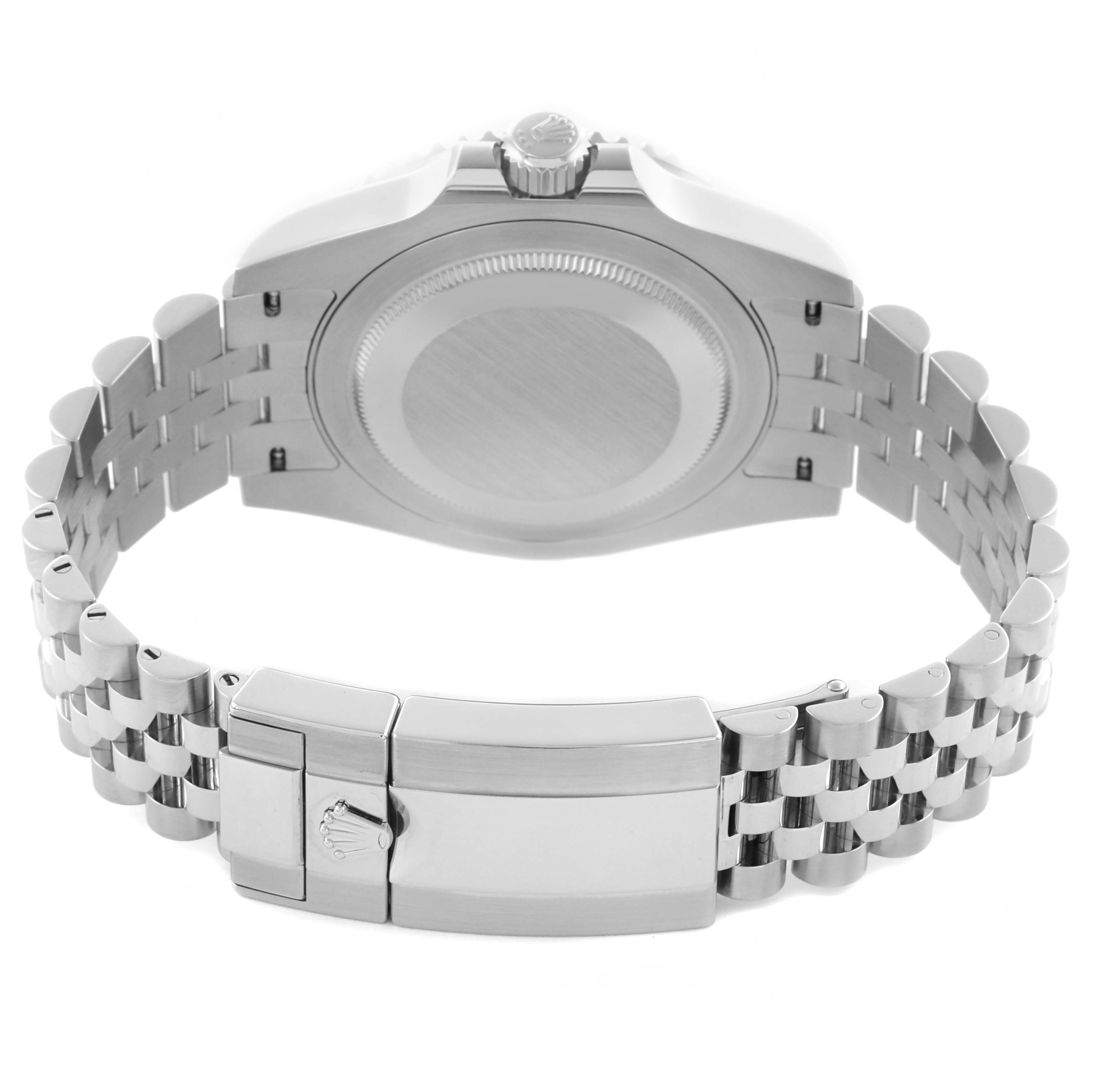 The image shows the backside of the Rolex GMT-Master 126710BLNR Men
s Stainless Steel Black Dial 126710BLNR Men
s Stainless Steel Black Dial, highlighting the case back, bracelet, and clasp.