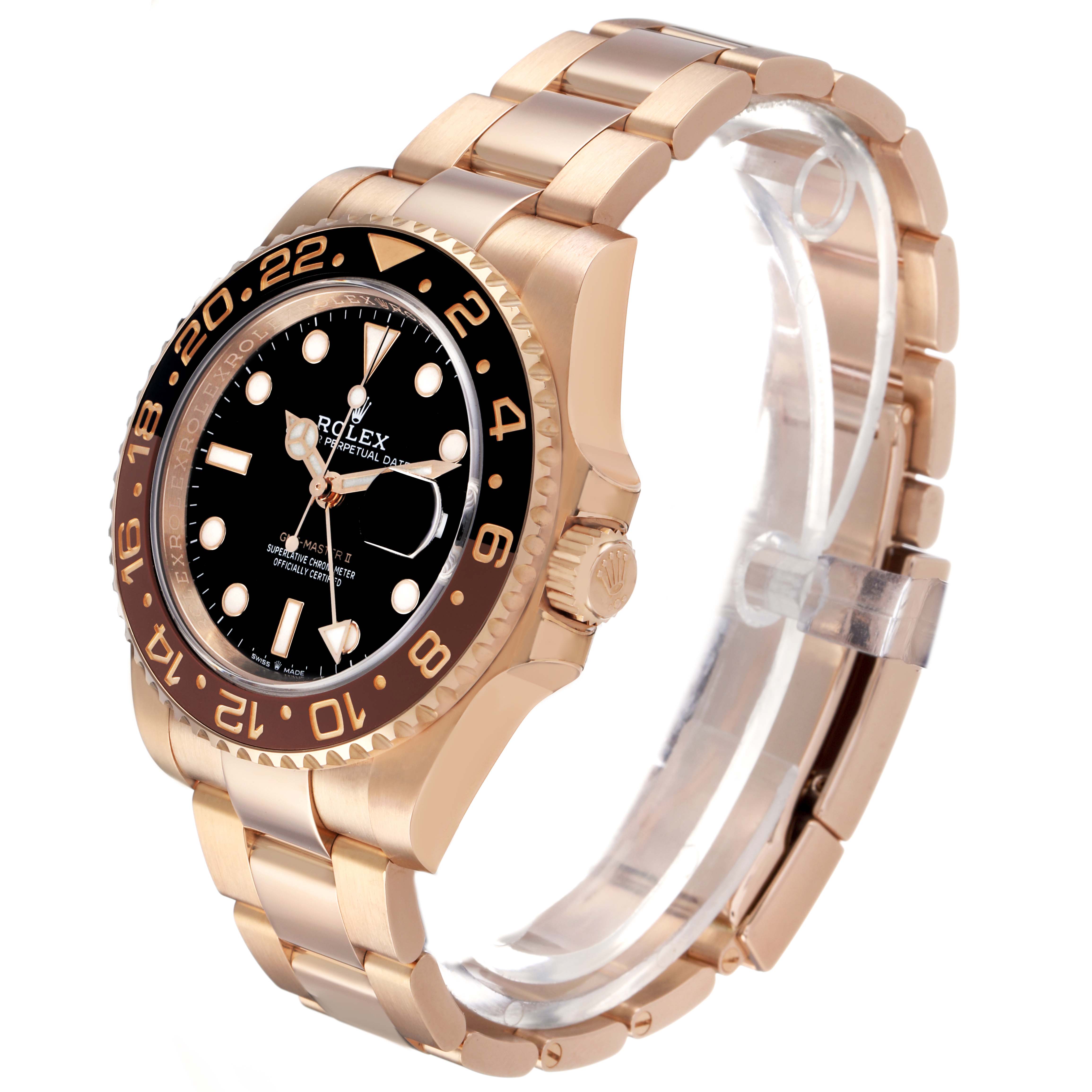 The Rolex GMT-Master 126715CHNR Men's Rose Gold Black Dial watch is shown at a side angle, highlighting the bezel, dial, crown, and bracelet.