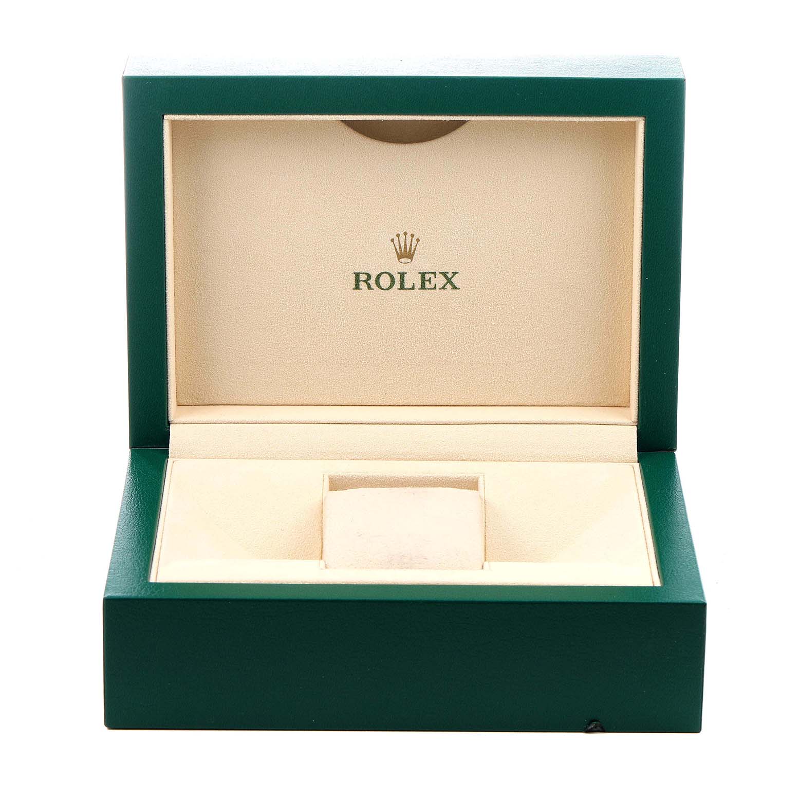 The image shows an open Rolex GMT-Master 126715CHNR Men's Rose Gold Black Dial watch box with a beige interior and green exterior, viewed from the front.