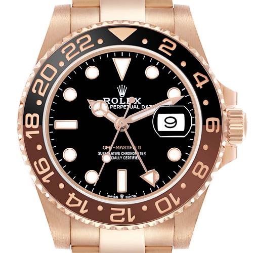 The Rolex GMT-Master 126715CHNR Men's Rose Gold Black Dial watch is shown from the front, highlighting the face, bezel, crown, and part of the bracelet.