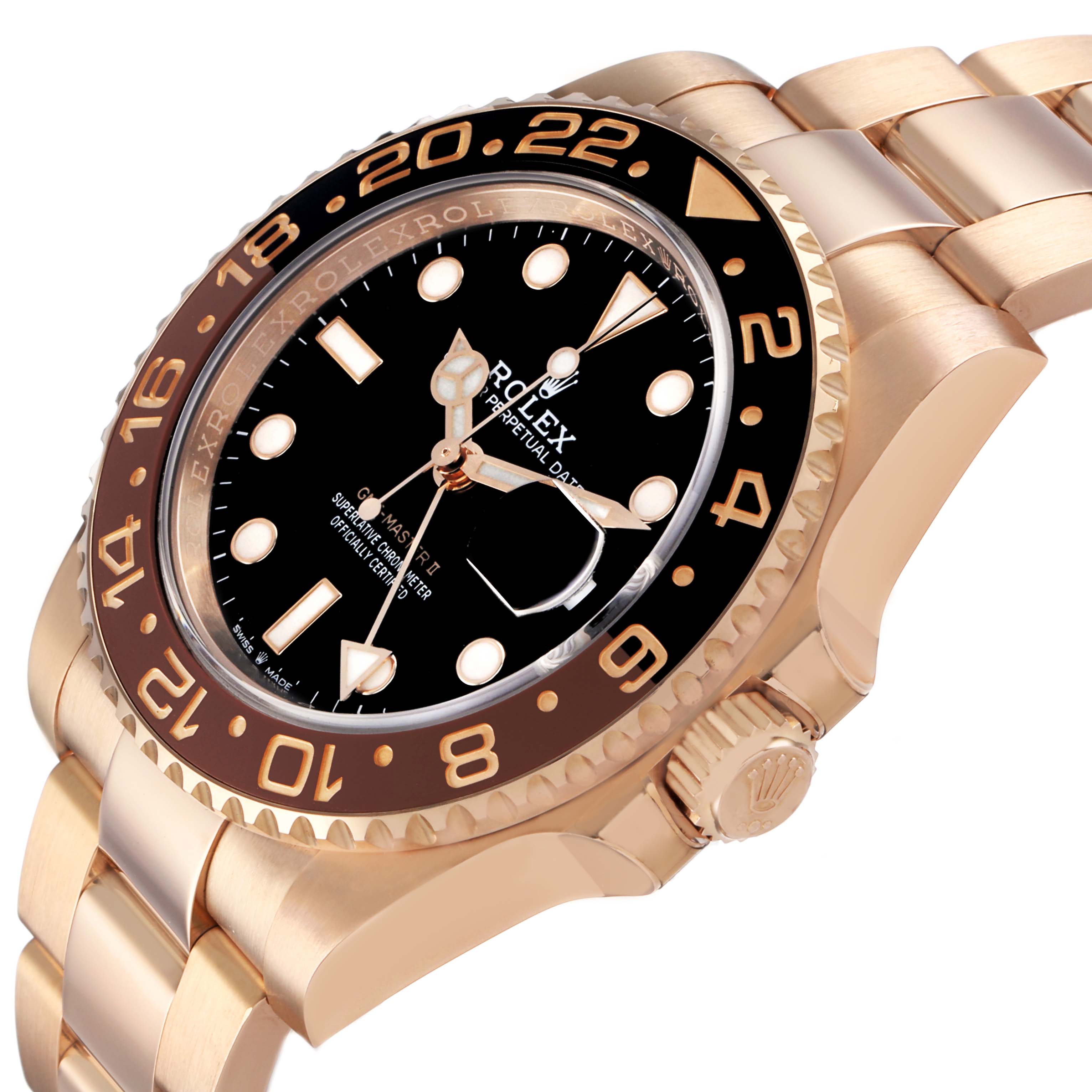The image shows a Rolex GMT-Master 126715CHNR Men's Rose Gold Black Dial watch from a side angle, highlighting its bezel, dial, and part of the bracelet.