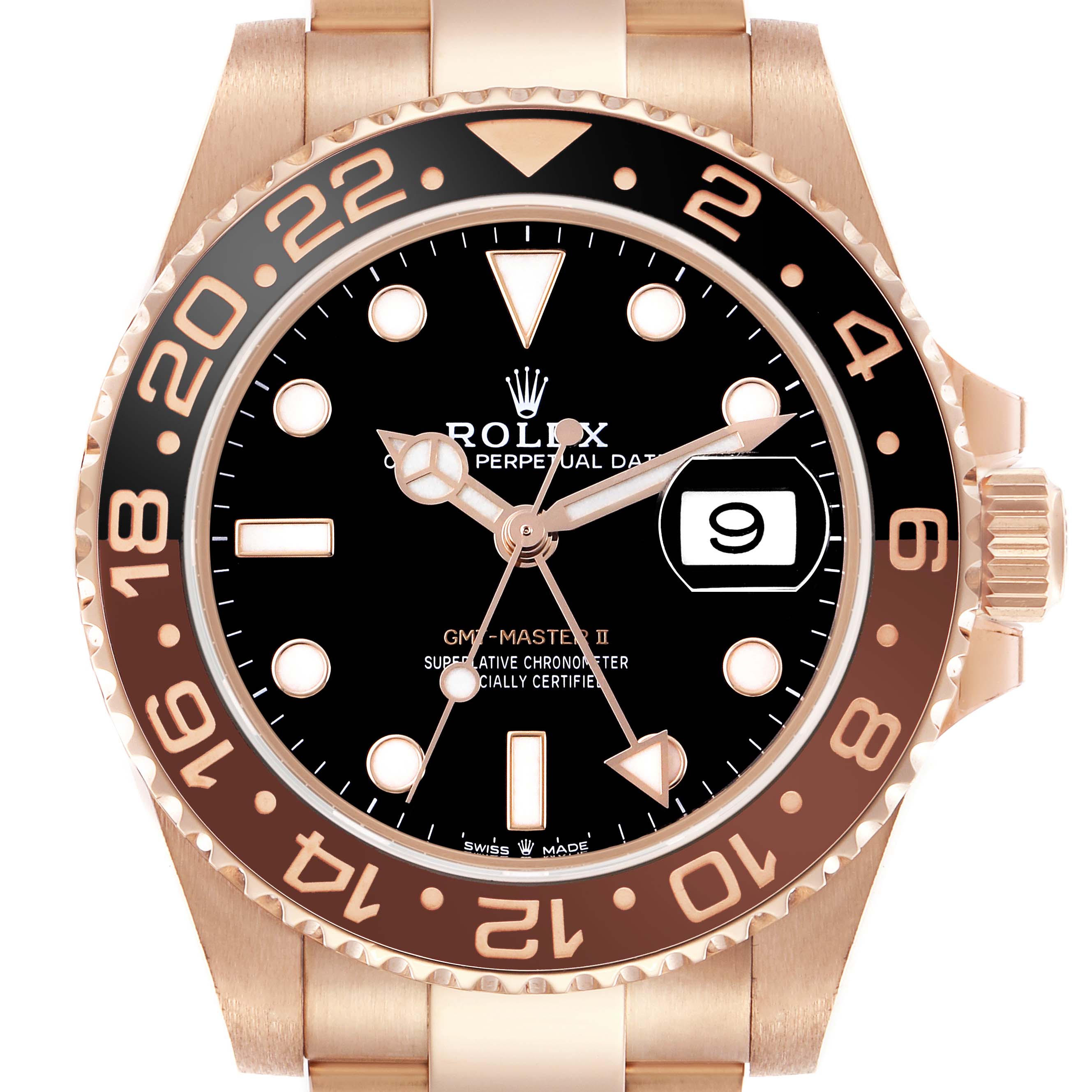 The Rolex GMT-Master 126715CHNR Men's Rose Gold Black Dial II watch is shown from a frontal angle, highlighting the face, bezel, and partial bracelet.