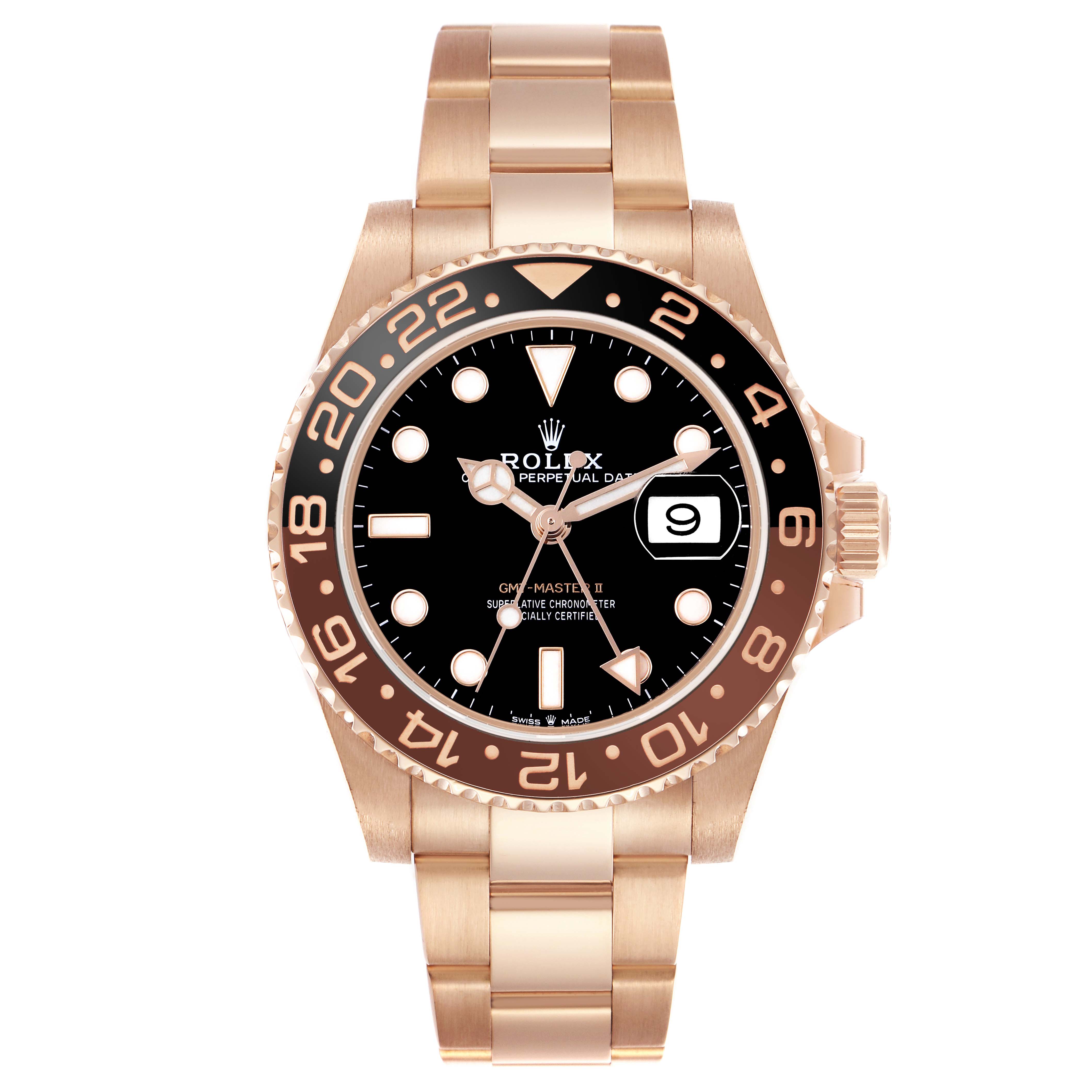 The Rolex GMT-Master 126715CHNR Men's Rose Gold Black Dial watch is shown in a front view, displaying its bezel, dial, hands, and bracelet.