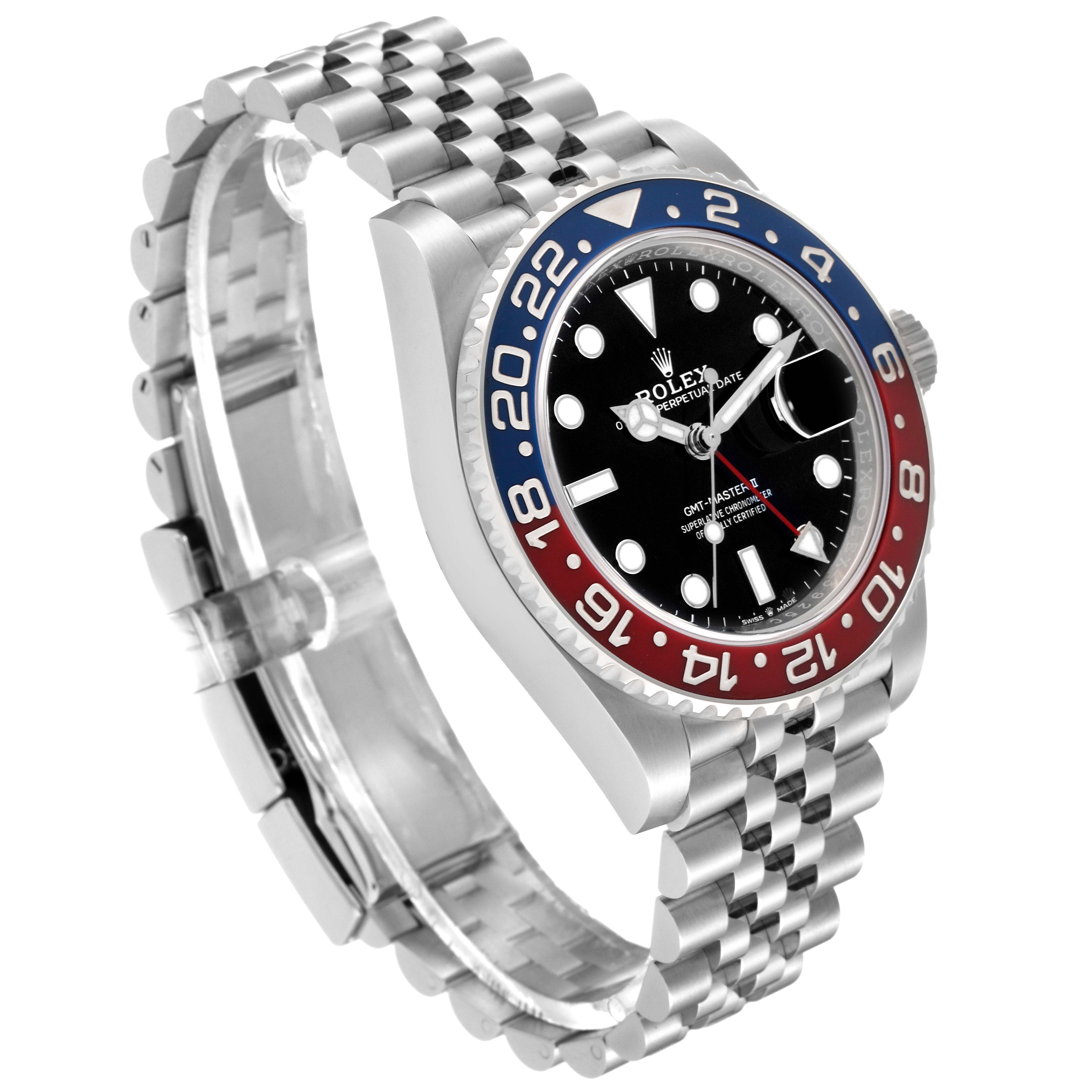 The image shows a Rolex GMT-Master 126710 Men
s Stainless Steel Black Dial 126710 Men
s Stainless Steel Black Dial watch from an angled side view, highlighting the bezel, dial, and bracelet.