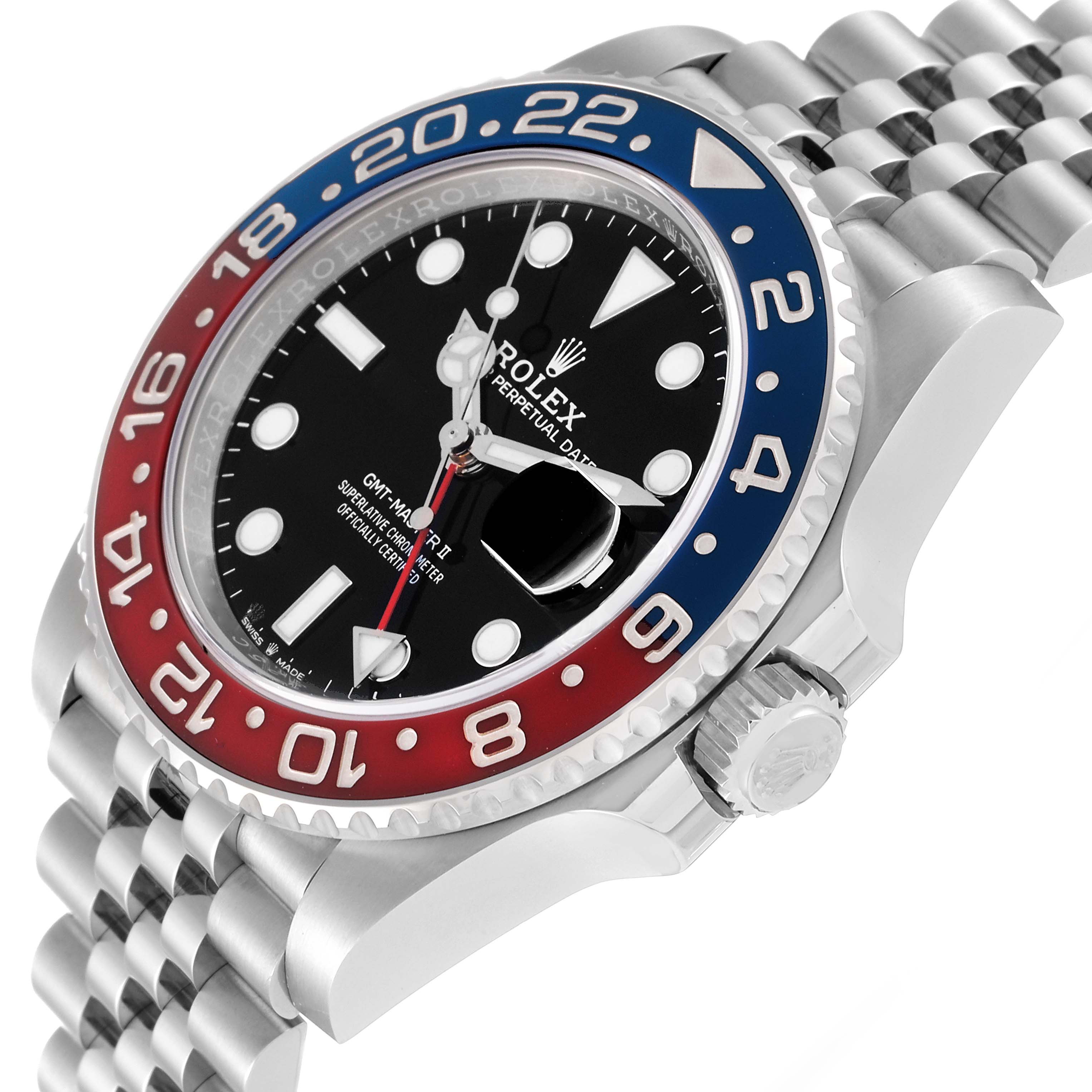 This image shows a side angle of the Rolex GMT-Master 126710 Men
s Stainless Steel Black Dial 126710 Men
s Stainless Steel Black Dial watch, highlighting its bezel, crown, and part of the bracelet.