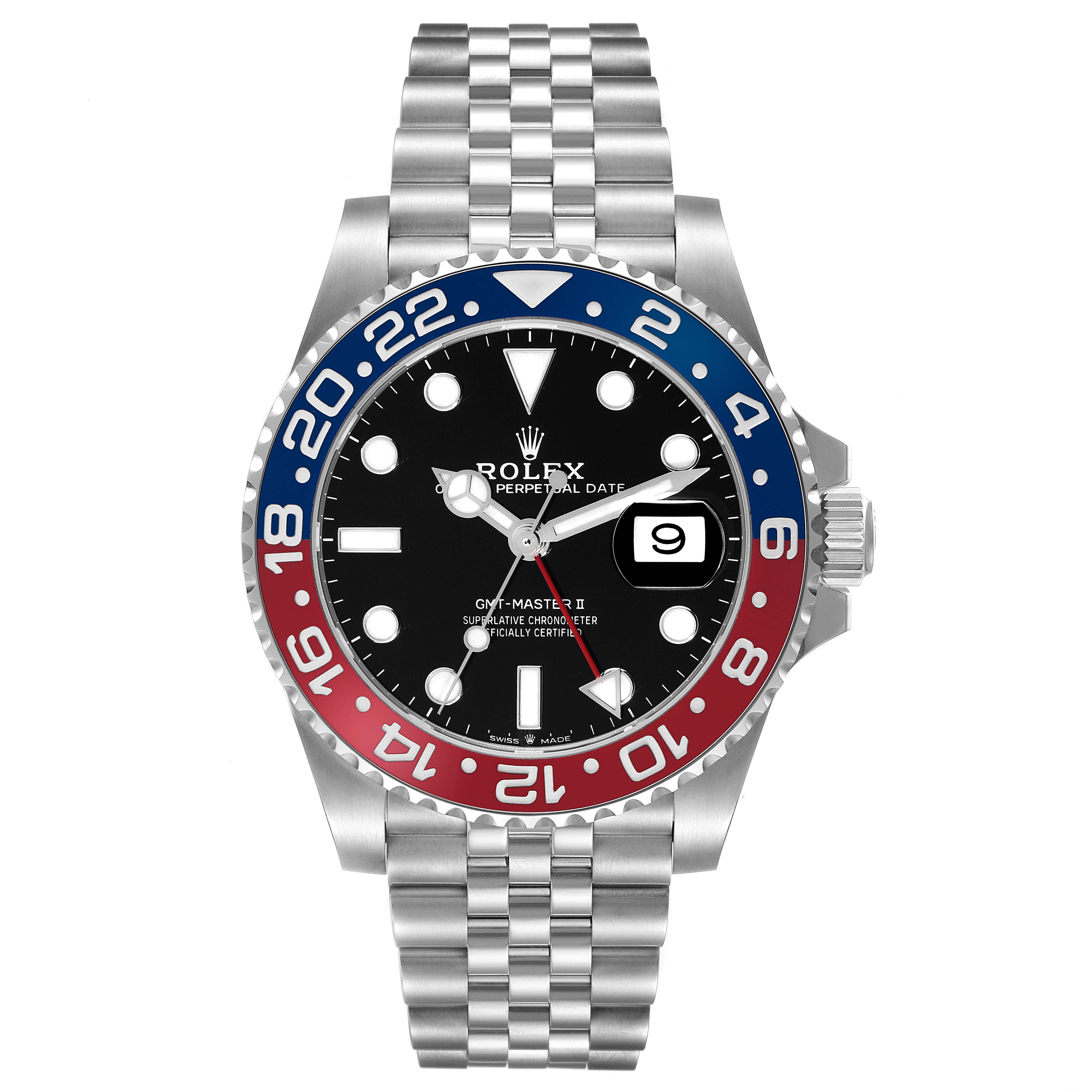 The image shows a front view of a Rolex GMT-Master 126710 Men
s Stainless Steel Black Dial 126710 Men
s Stainless Steel Black Dial II watch with a black dial and a blue and red bezel.