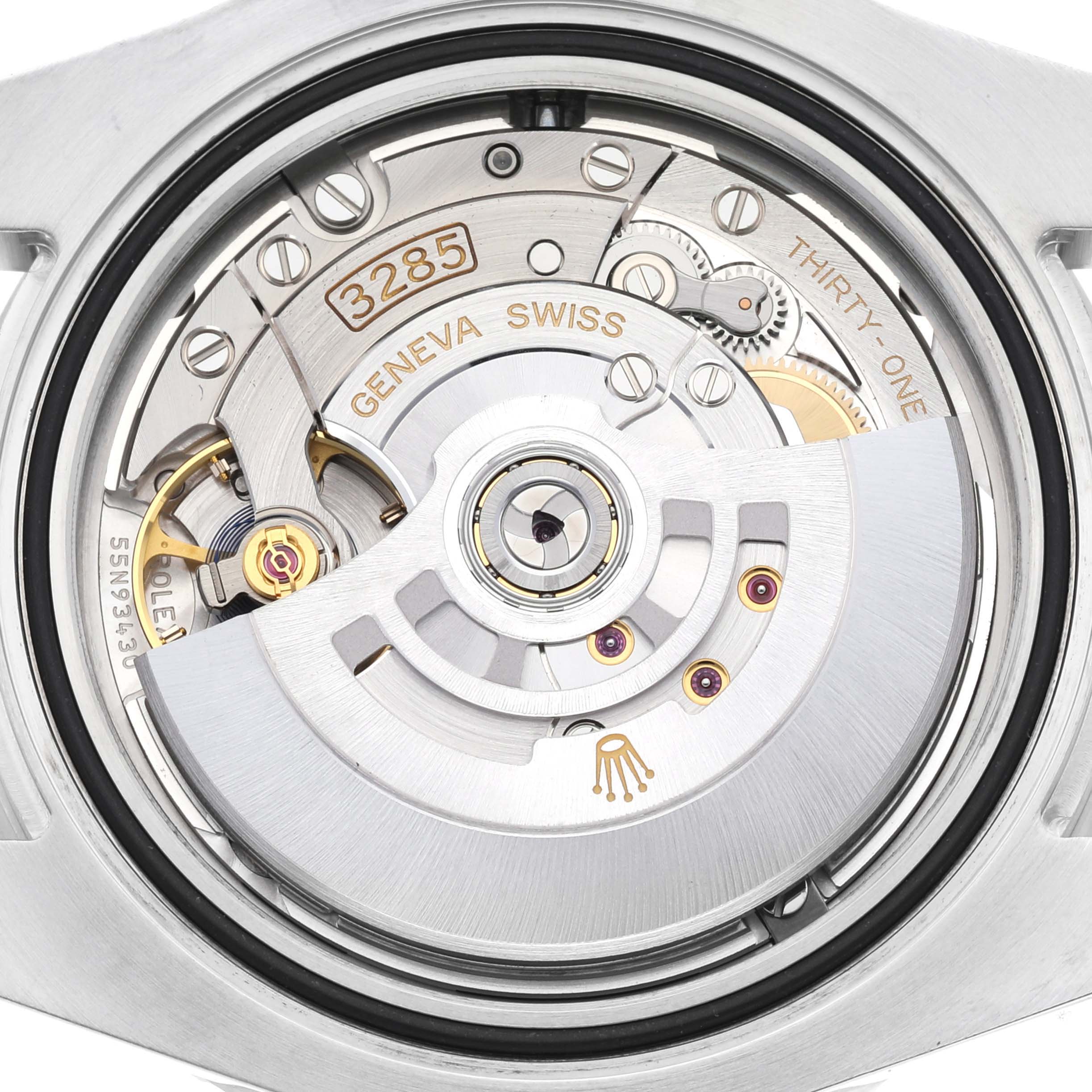 This image shows the internal mechanical movement of a Rolex GMT-Master 126710 Men
s Stainless Steel Black Dial 126710 Men
s Stainless Steel Black Dial watch, including gears and the rotor.