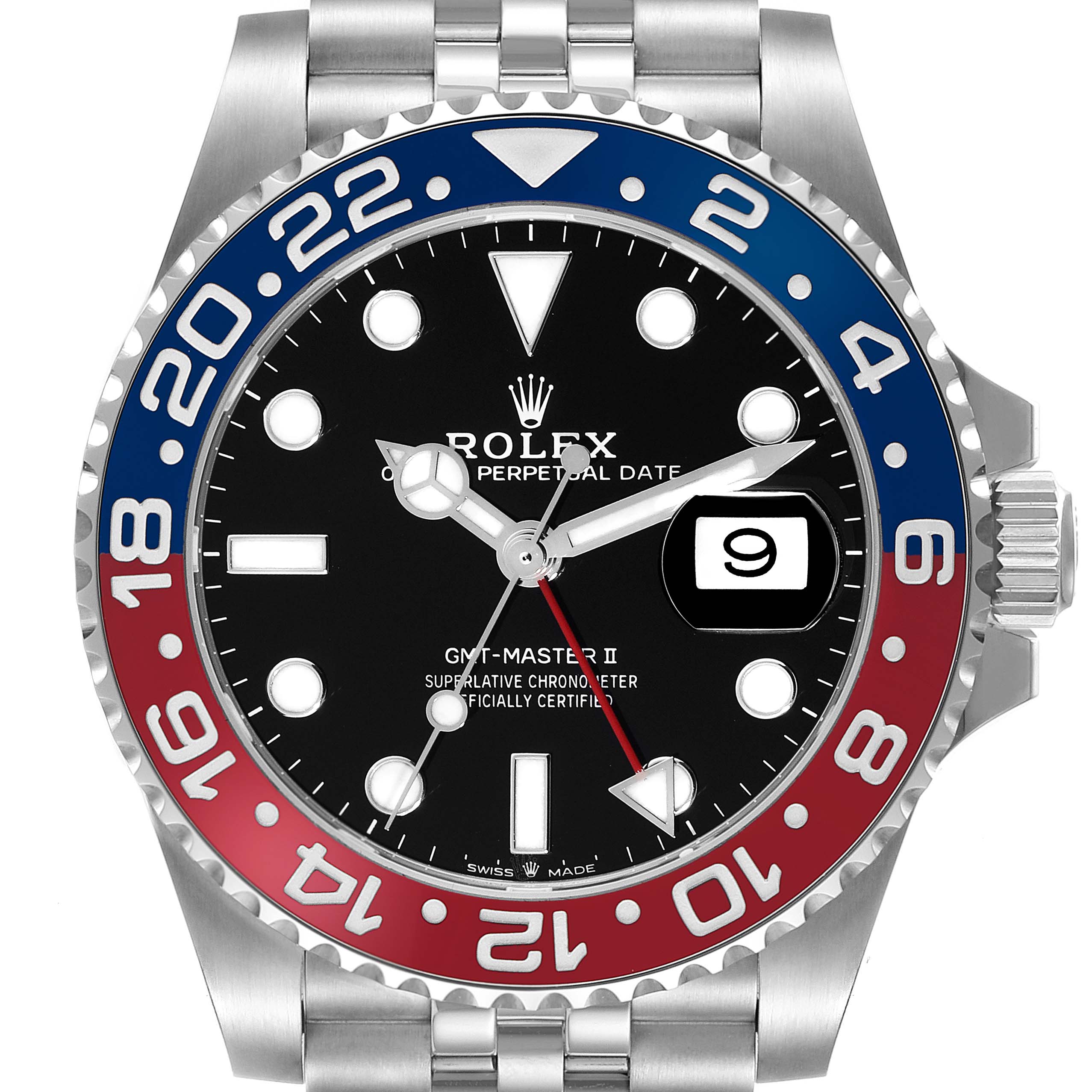 The image shows the face of the Rolex GMT-Master 126710 Men
s Stainless Steel Black Dial 126710 Men
s Stainless Steel Black Dial II watch, highlighting the bezel, dial, hands, and bracelet from an overhead angle.