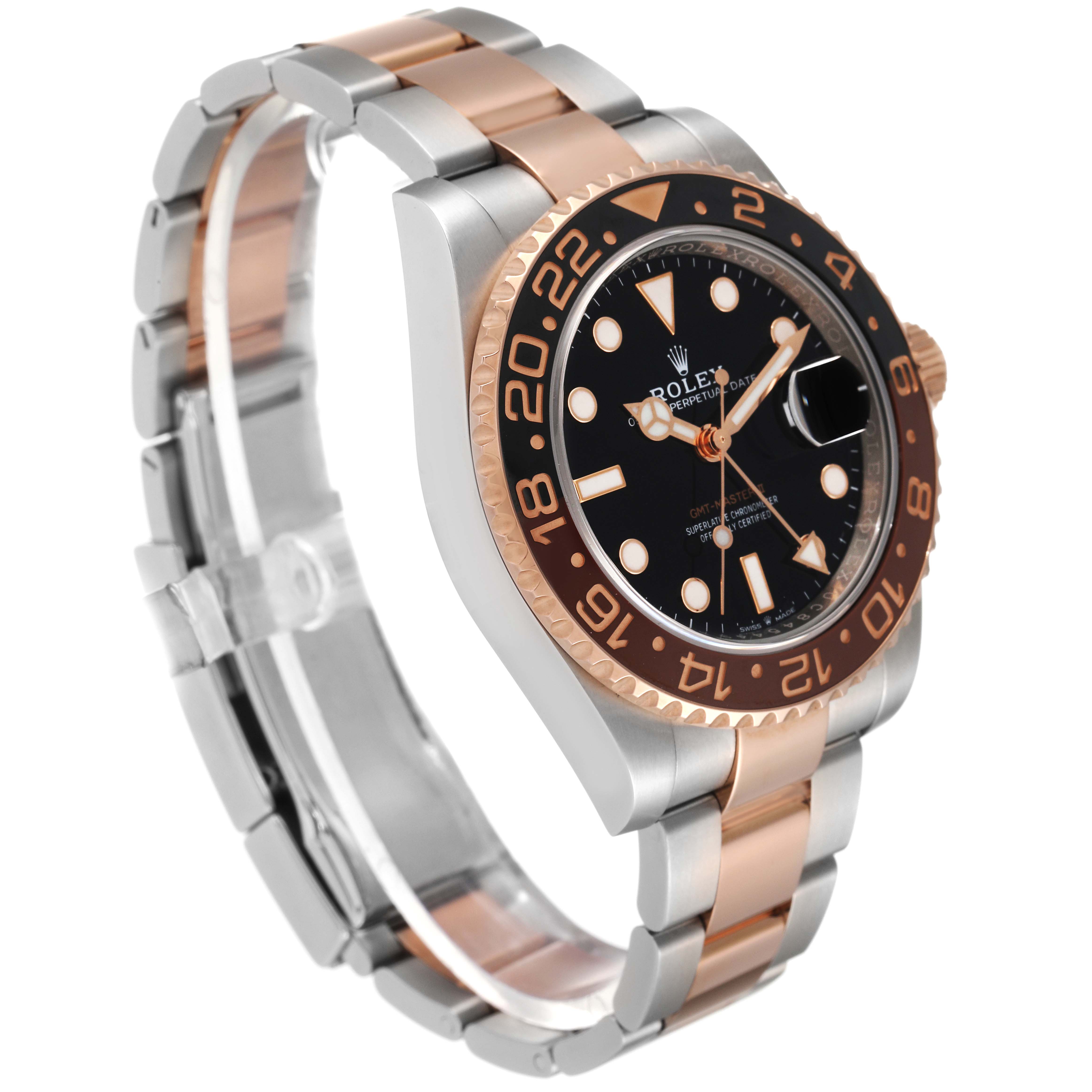 The Rolex GMT-Master 126711 Men's Steel and Gold (two tone) Black Dial 126711 Men's Steel and Gold (two tone) Black Dial watch is shown at an angle displaying its face, bezel, and metal bracelet.