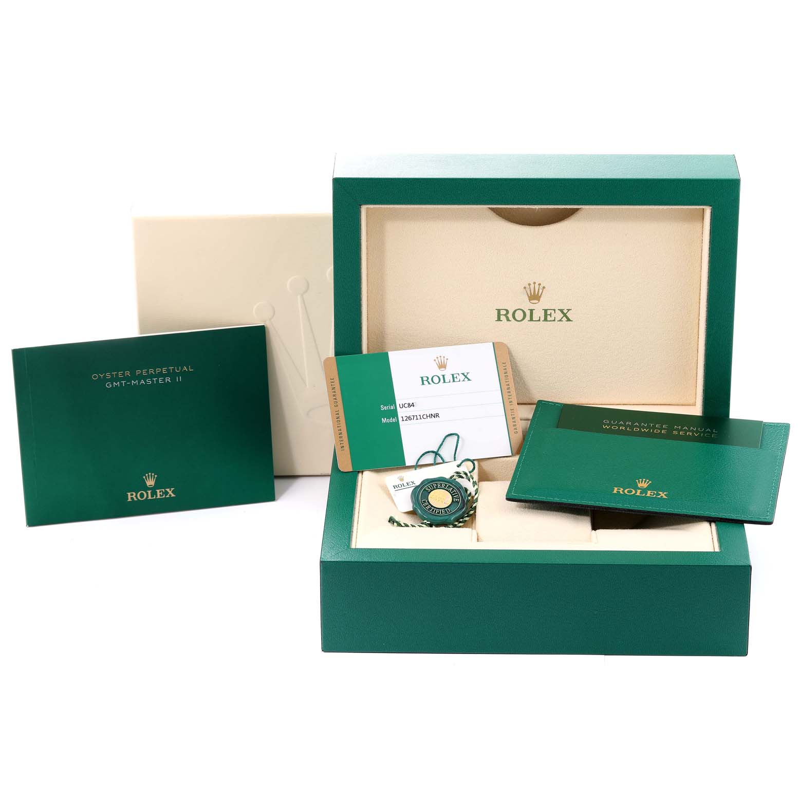 The image shows a Rolex GMT-Master 126711 Men's Steel and Gold (two tone) Black Dial 126711 Men's Steel and Gold (two tone) Black Dial packaging including the box, manuals, warranty card, and tag at a straight-on angle.