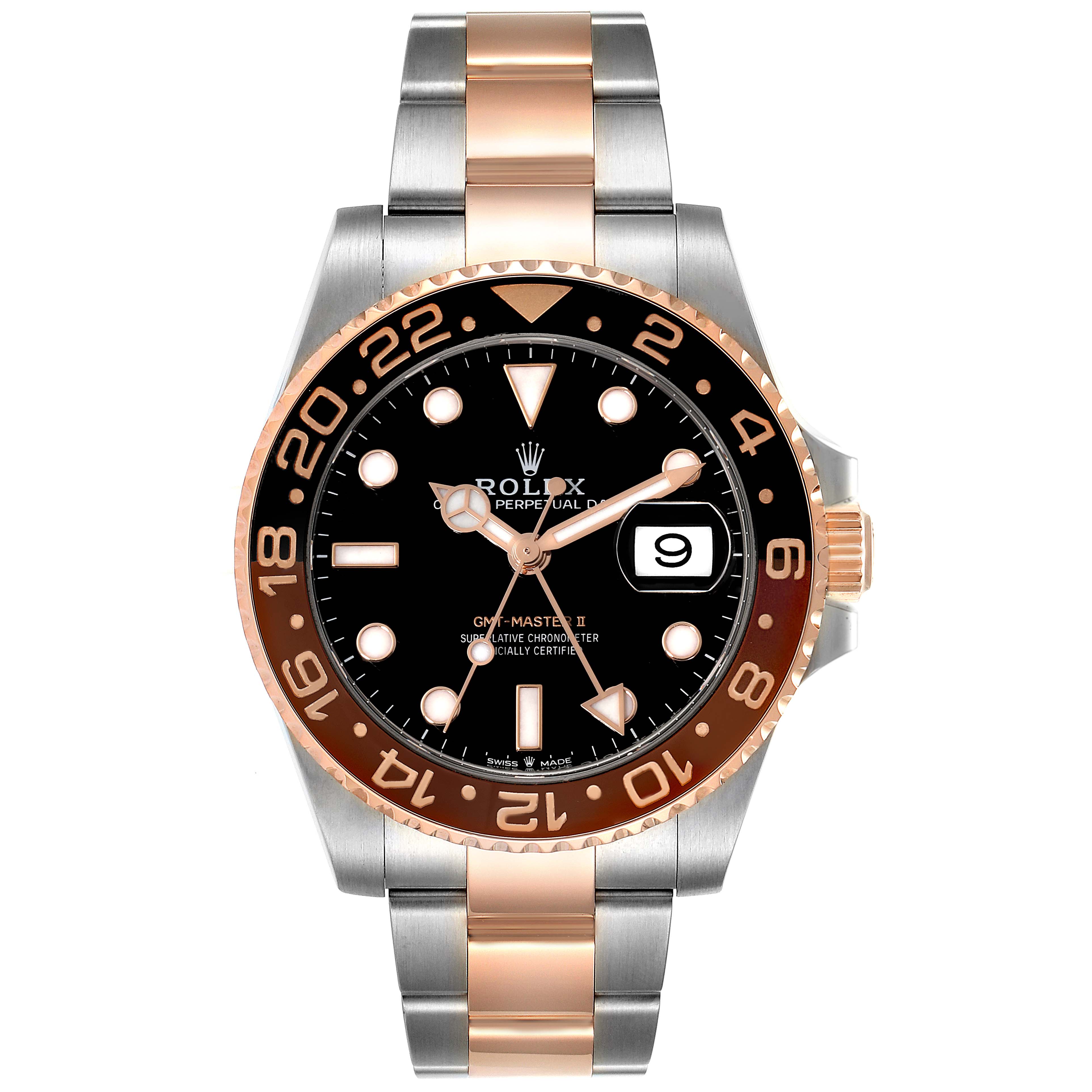 The image shows a front view of the Rolex GMT-Master 126711 Men's Steel and Gold (two tone) Black Dial 126711 Men's Steel and Gold (two tone) Black Dial II watch, highlighting its dial, bezel, crown, and two-tone bracelet.