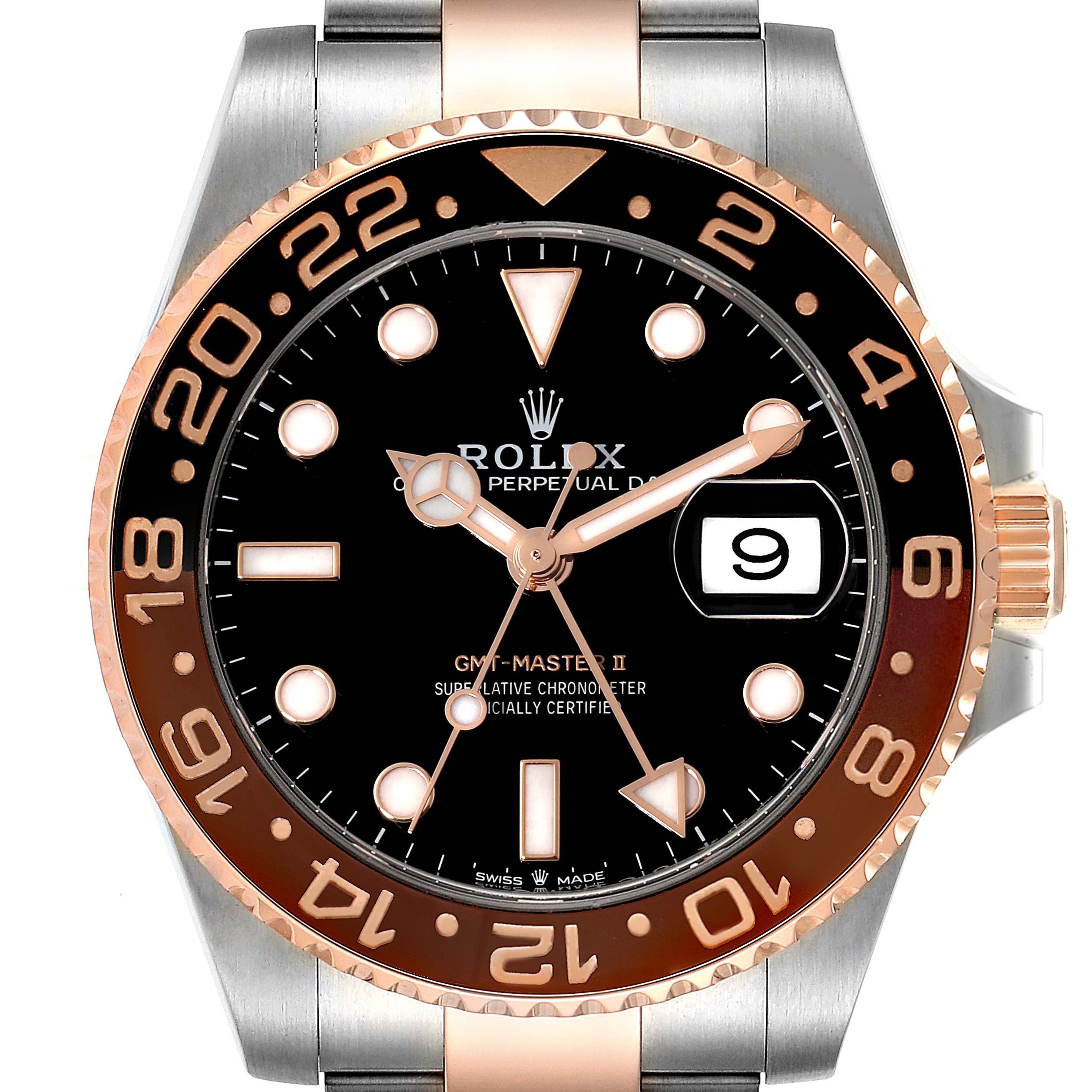 This is a Rolex GMT-Master 126711 Men's Steel and Gold (two tone) Black Dial 126711 Men's Steel and Gold (two tone) Black Dial II watch shown from a front angle, highlighting its face, bezel, and part of the bracelet.