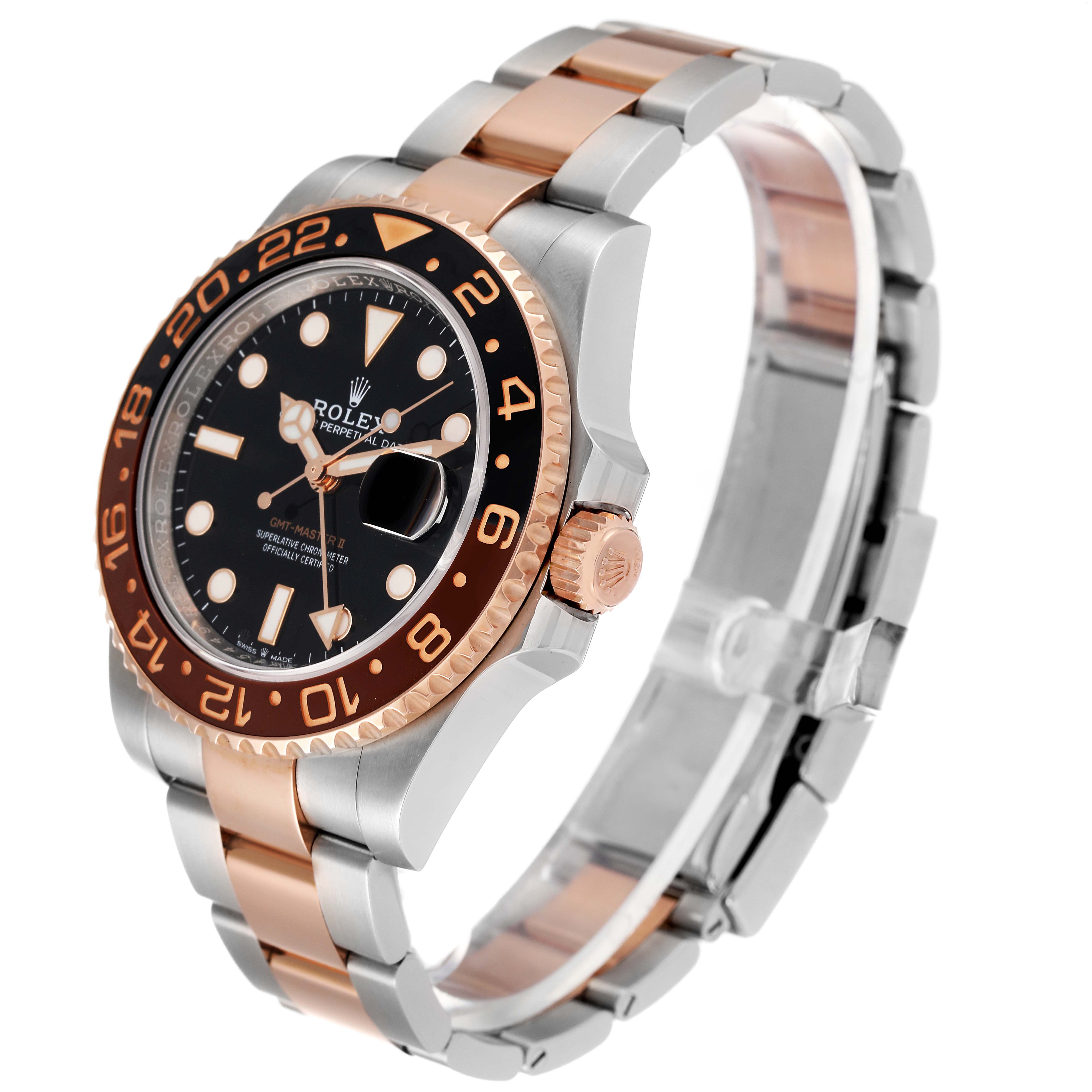 The image shows a side angle view of a Rolex GMT-Master 126711 Men's Steel and Gold (two tone) Black Dial 126711 Men's Steel and Gold (two tone) Black Dial watch, highlighting its bezel, dial, crown, and two-tone bracelet.