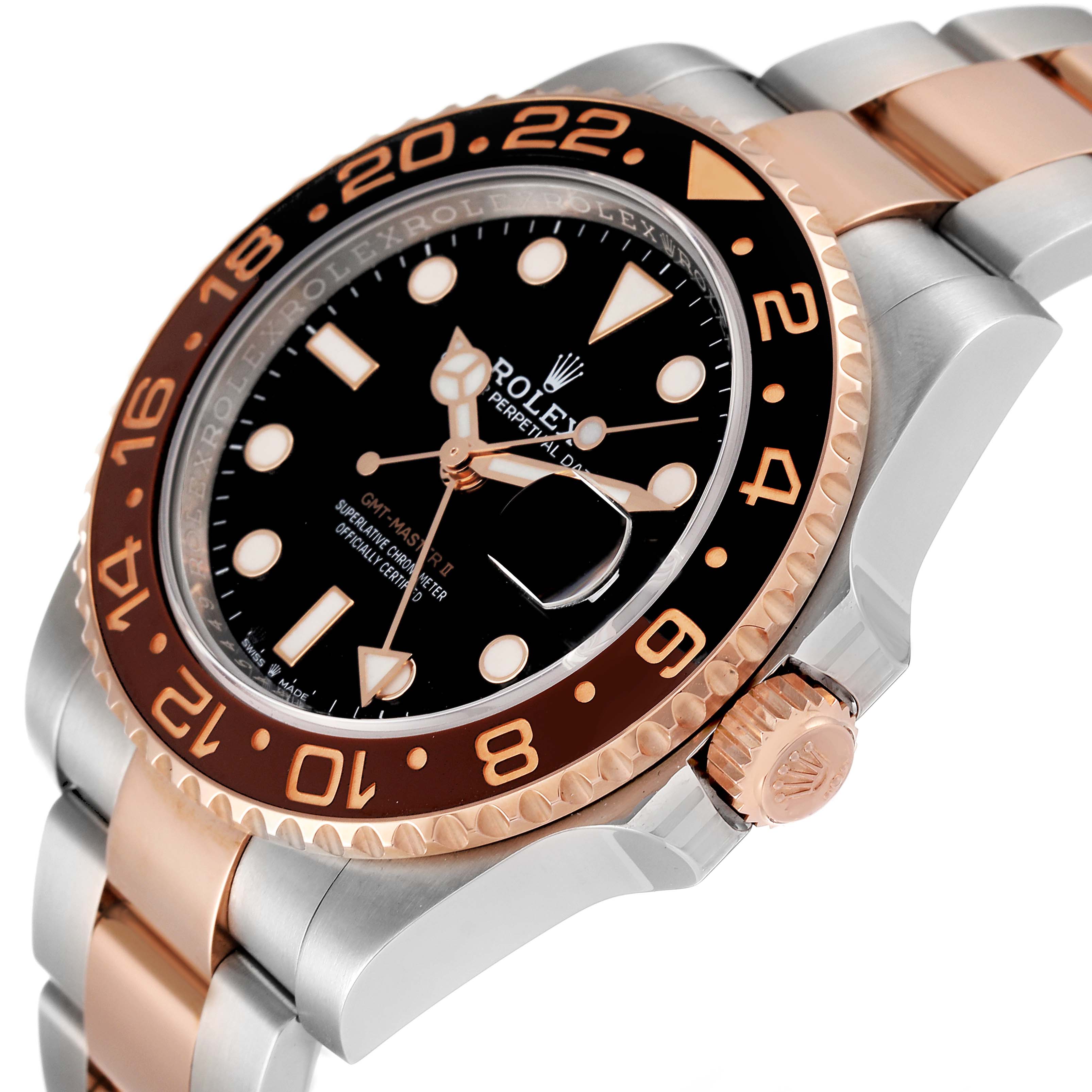 The image shows a Rolex GMT-Master 126711 Men's Steel and Gold (two tone) Black Dial 126711 Men's Steel and Gold (two tone) Black Dial model watch at an angled side view, highlighting its dial, bezel, and part of the bracelet.