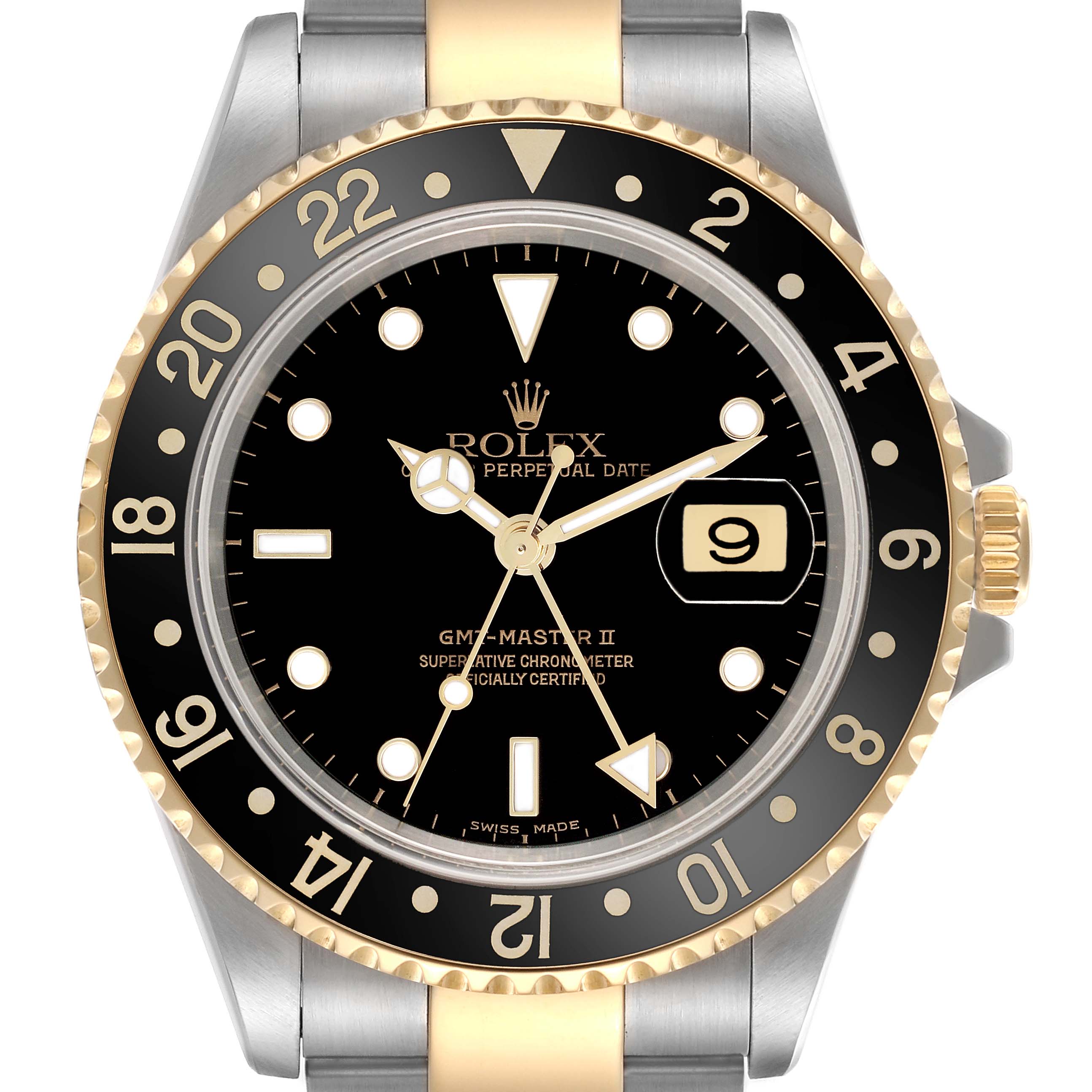 The image shows a front view of a Rolex GMT-Master 16713 Men
s Steel and Gold (two tone) Black Dial 16713 Men
s Steel and Gold (two tone) Black Dial II watch, highlighting the dial, bezel, and two-tone bracelet.