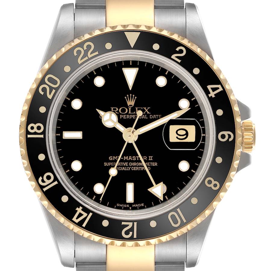 The image shows a front view of a Rolex GMT-Master II watch, highlighting the dial, bezel, and two-tone bracelet.