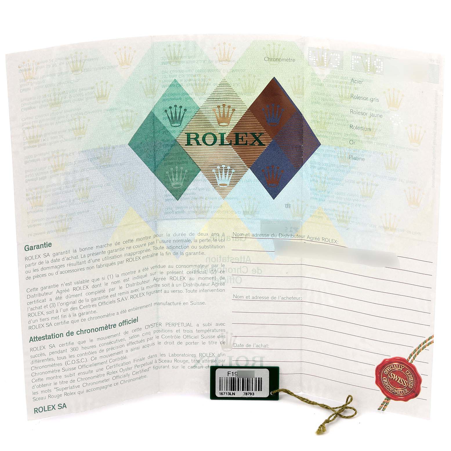 This image shows warranty papers and a tag for a Rolex GMT-Master 16713 Men
s Steel and Gold (two tone) Black Dial 16713 Men
s Steel and Gold (two tone) Black Dial watch.