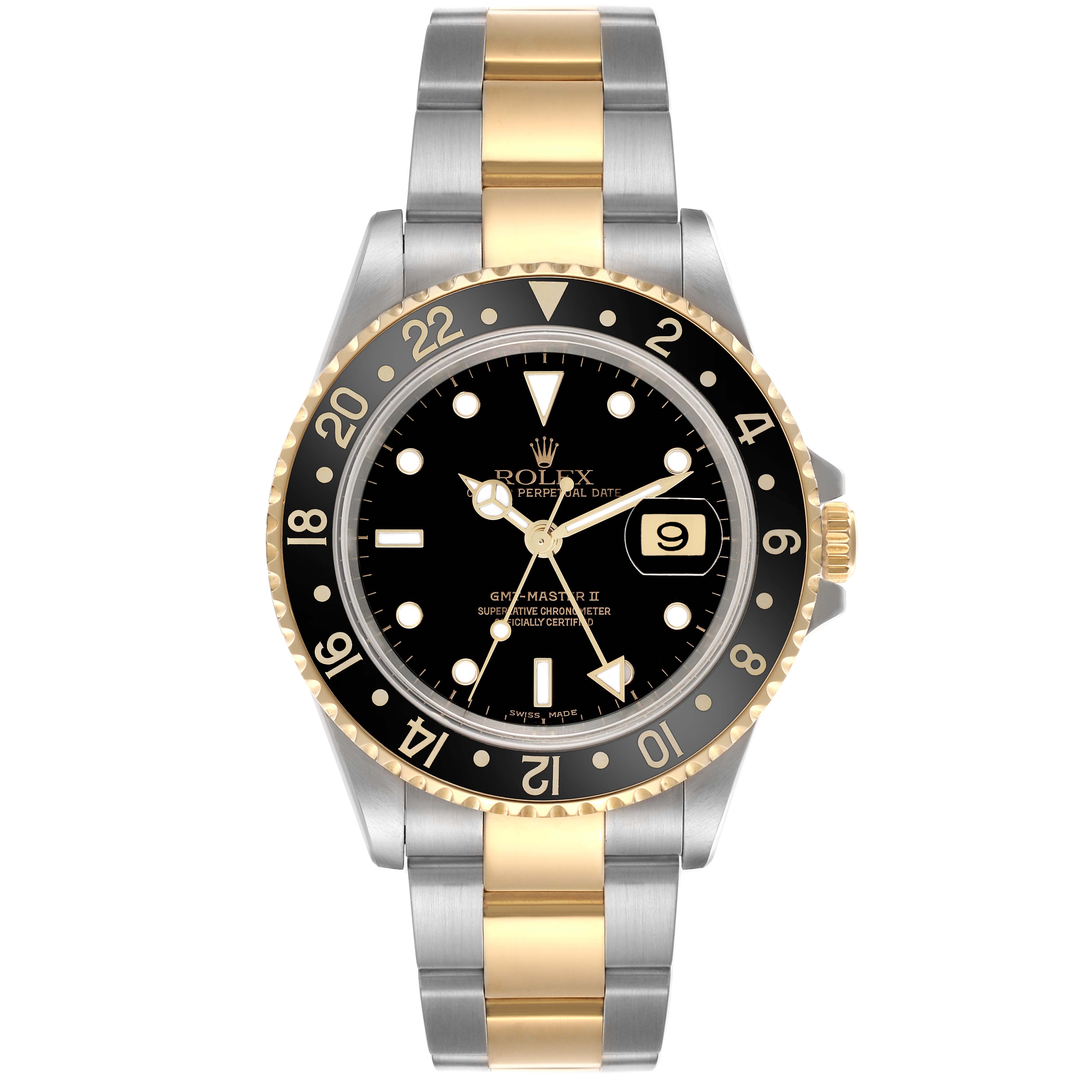 The Rolex GMT-Master 16713 Men
s Steel and Gold (two tone) Black Dial 16713 Men
s Steel and Gold (two tone) Black Dial watch is shown from the front, highlighting the bezel, dial, bracelet, and date magnification.