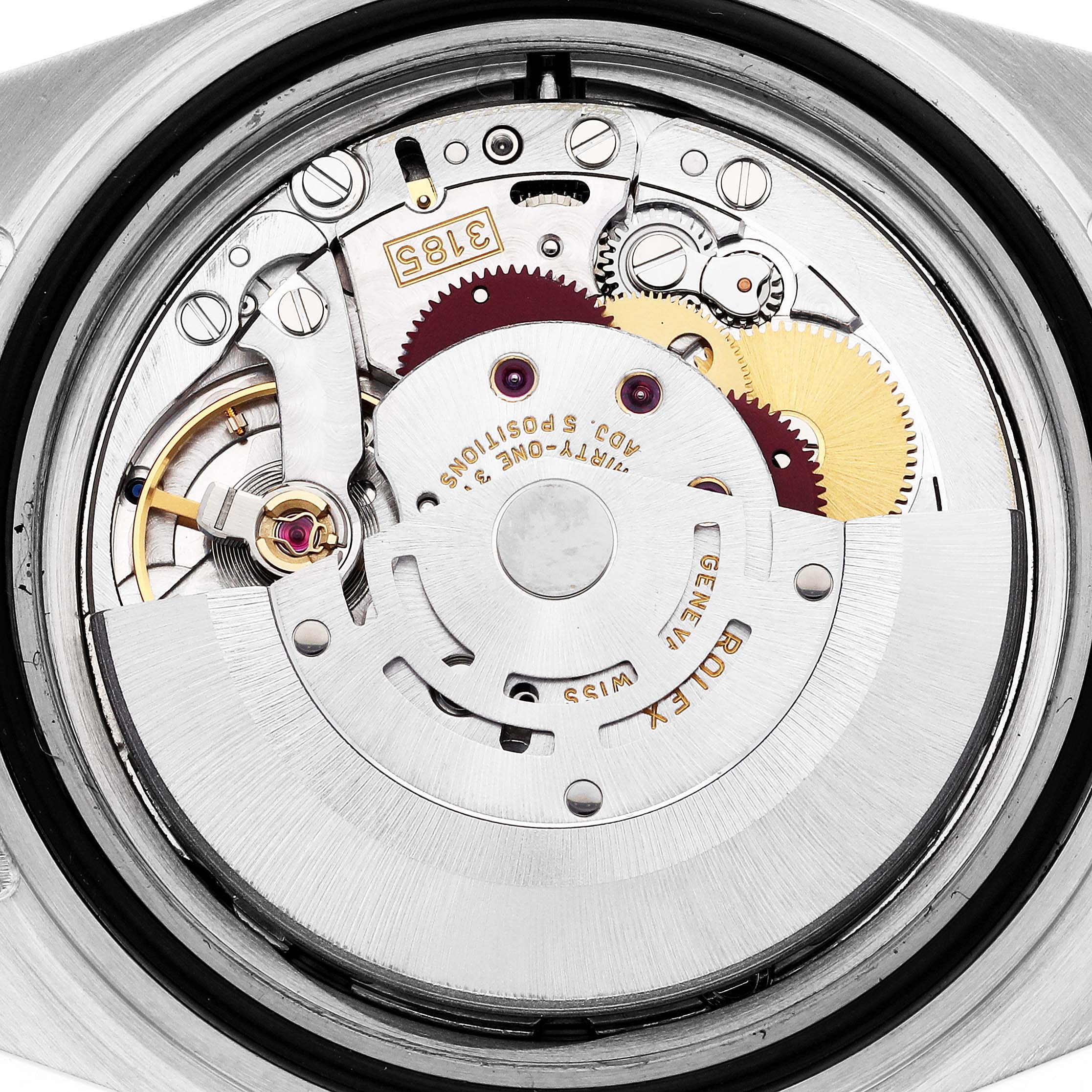 This image shows the internal mechanism of the Rolex GMT-Master 16713 Men
s Steel and Gold (two tone) Black Dial 16713 Men
s Steel and Gold (two tone) Black Dial watch, focusing on its intricate movement parts.