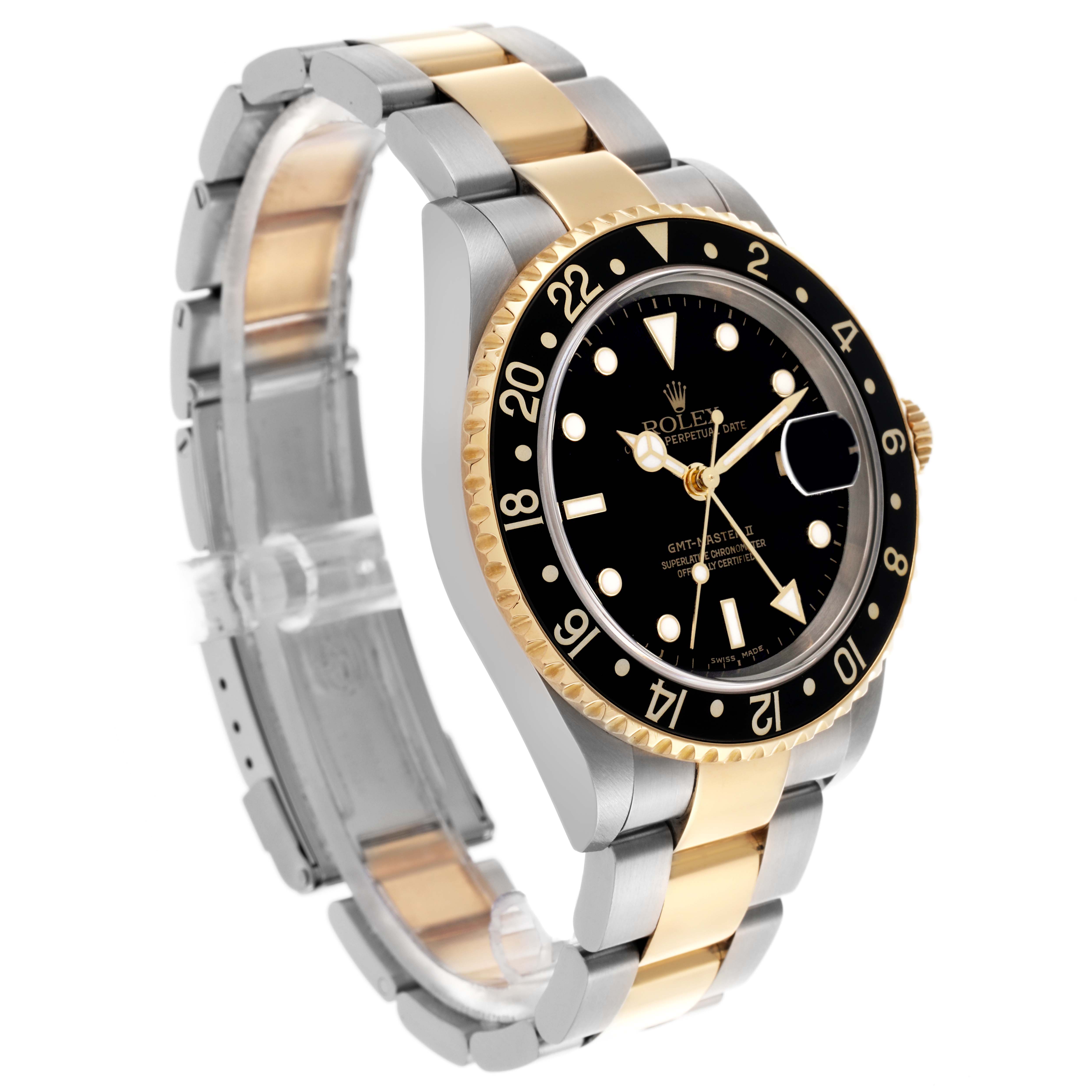 The Rolex GMT-Master 16713 Men
s Steel and Gold (two tone) Black Dial 16713 Men
s Steel and Gold (two tone) Black Dial watch is shown at a three-quarter angle, highlighting the bezel, face, and dual-tone bracelet.