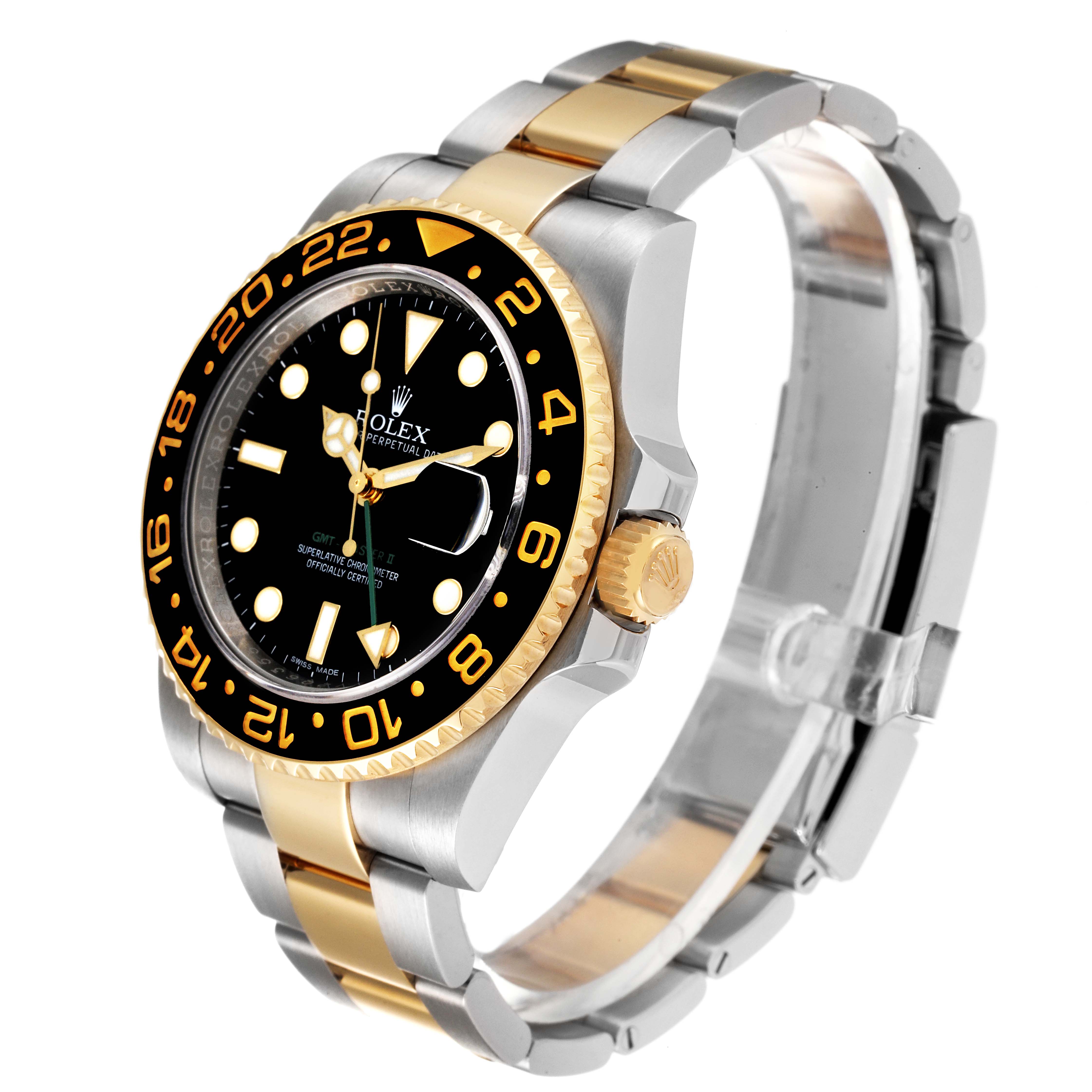 The image shows a Rolex GMT-Master 116713 Men's Steel and Gold (two tone) Black Dial 116713 Men's Steel and Gold (two tone) Black Dial watch from an angled side view, showcasing the black and gold bezel, dial, and two-tone bracelet.
