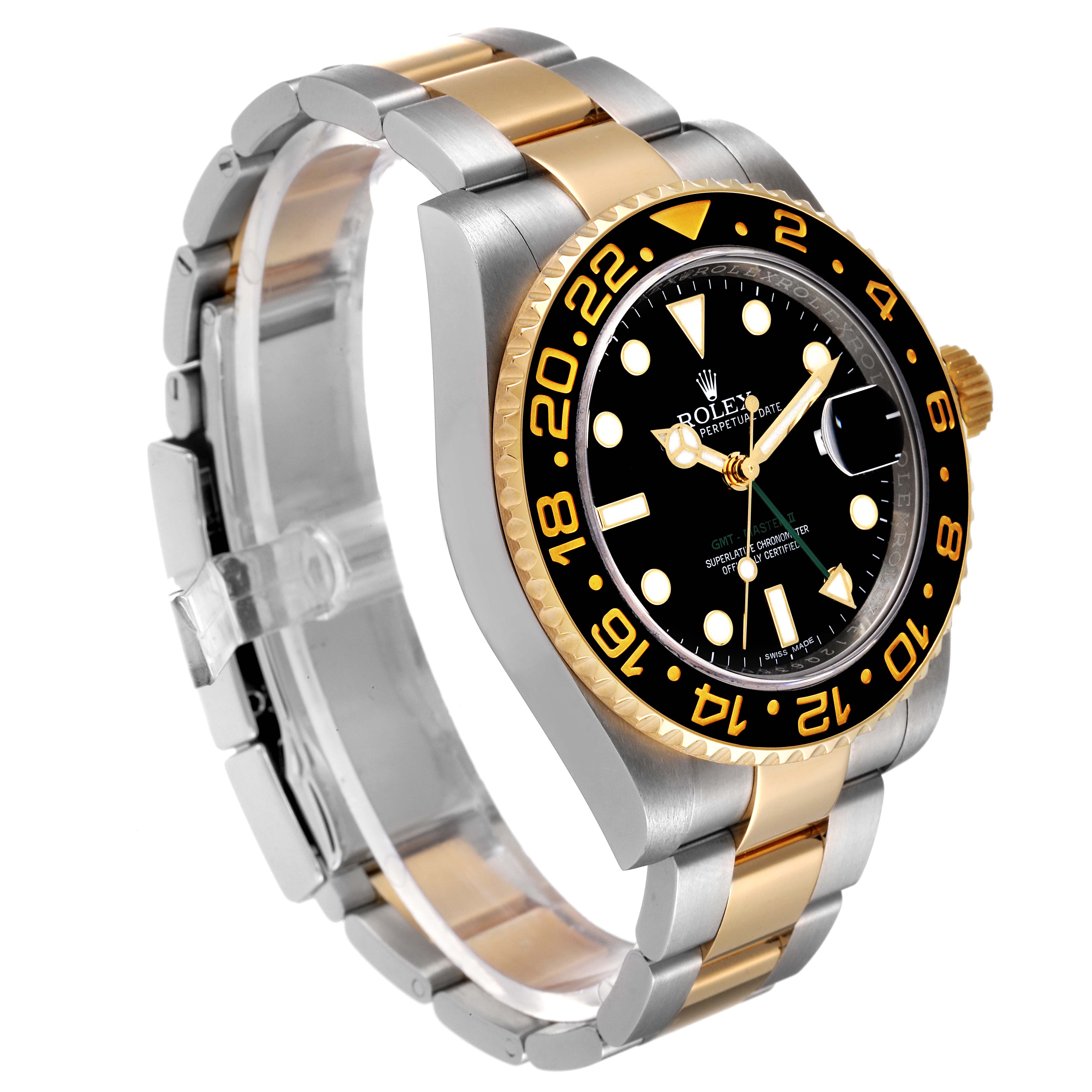 This image shows a side angle view of a Rolex GMT-Master 116713 Men's Steel and Gold (two tone) Black Dial 116713 Men's Steel and Gold (two tone) Black Dial watch, highlighting its bezel, dial, and two-tone bracelet.
